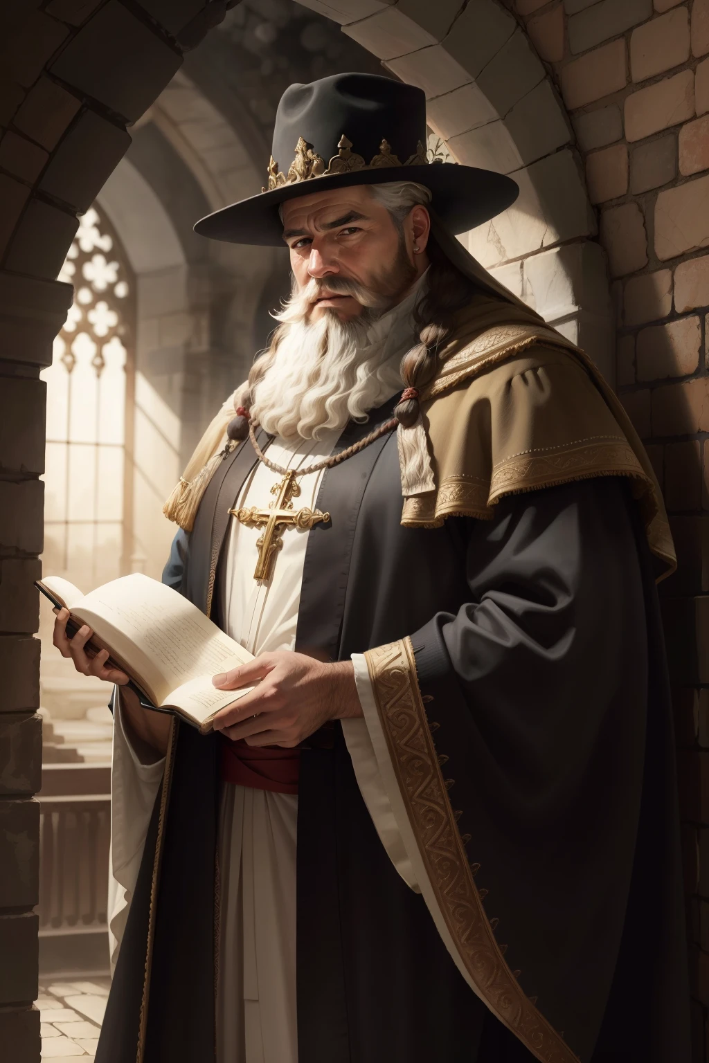 (1 man), (incredible detail, textures and maximum detail), (hyper realistic:1.4), (upper body up:0.3), best quality real texture skin, ugly man, tall man, very long and thick beard, spiral big hat, medieval environment, holding a holy book, wearing rope