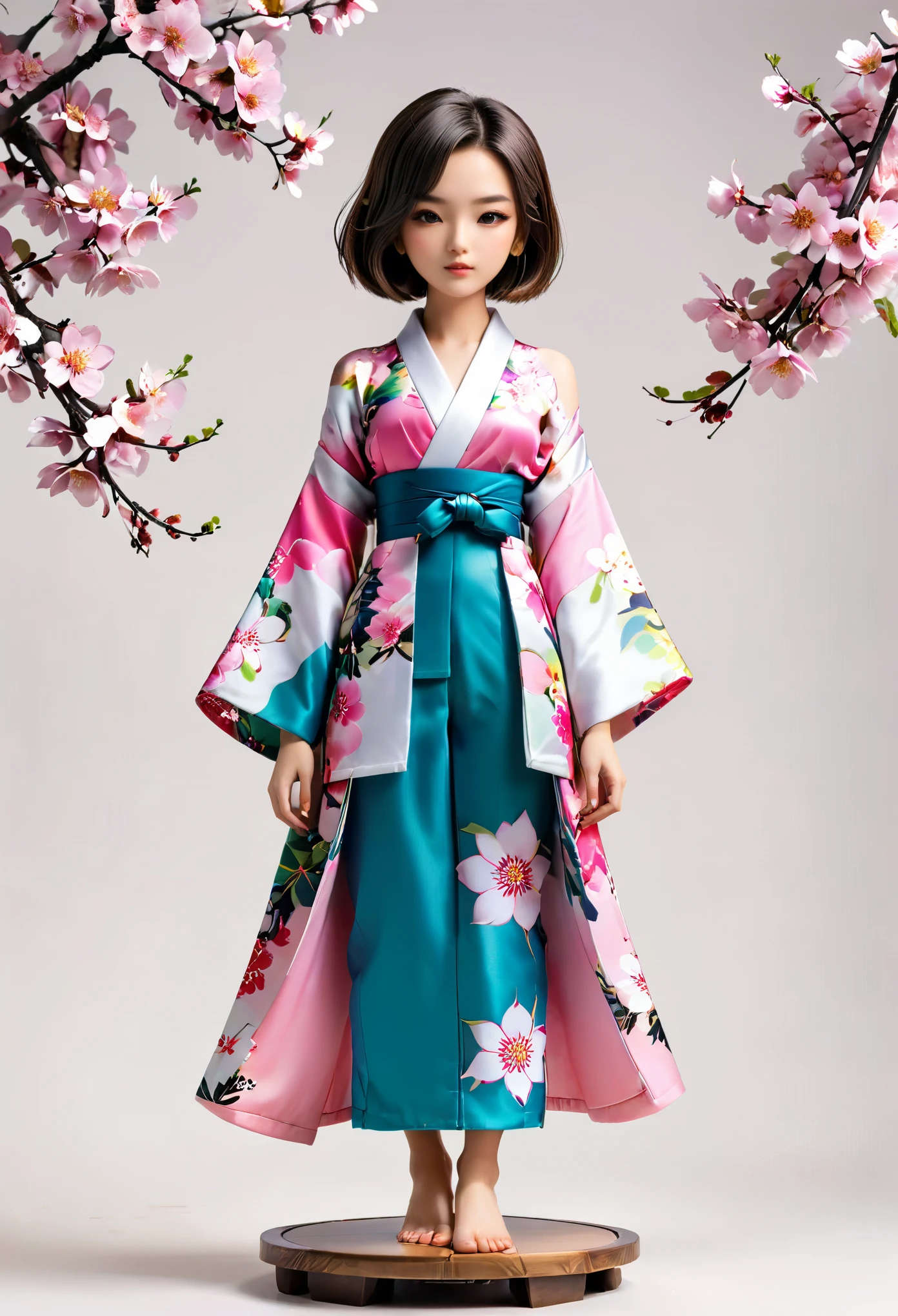 (Blind Box Spielzeug Stil:1.2),full body, solo,white background,(1 Beautiful girl Models,shoulder length straight bob hair,Maxi floral kimono,hakama,Standing on a round wooden base,pink sakura,getas),(Oriental elements,Japanese color,Very colorful)