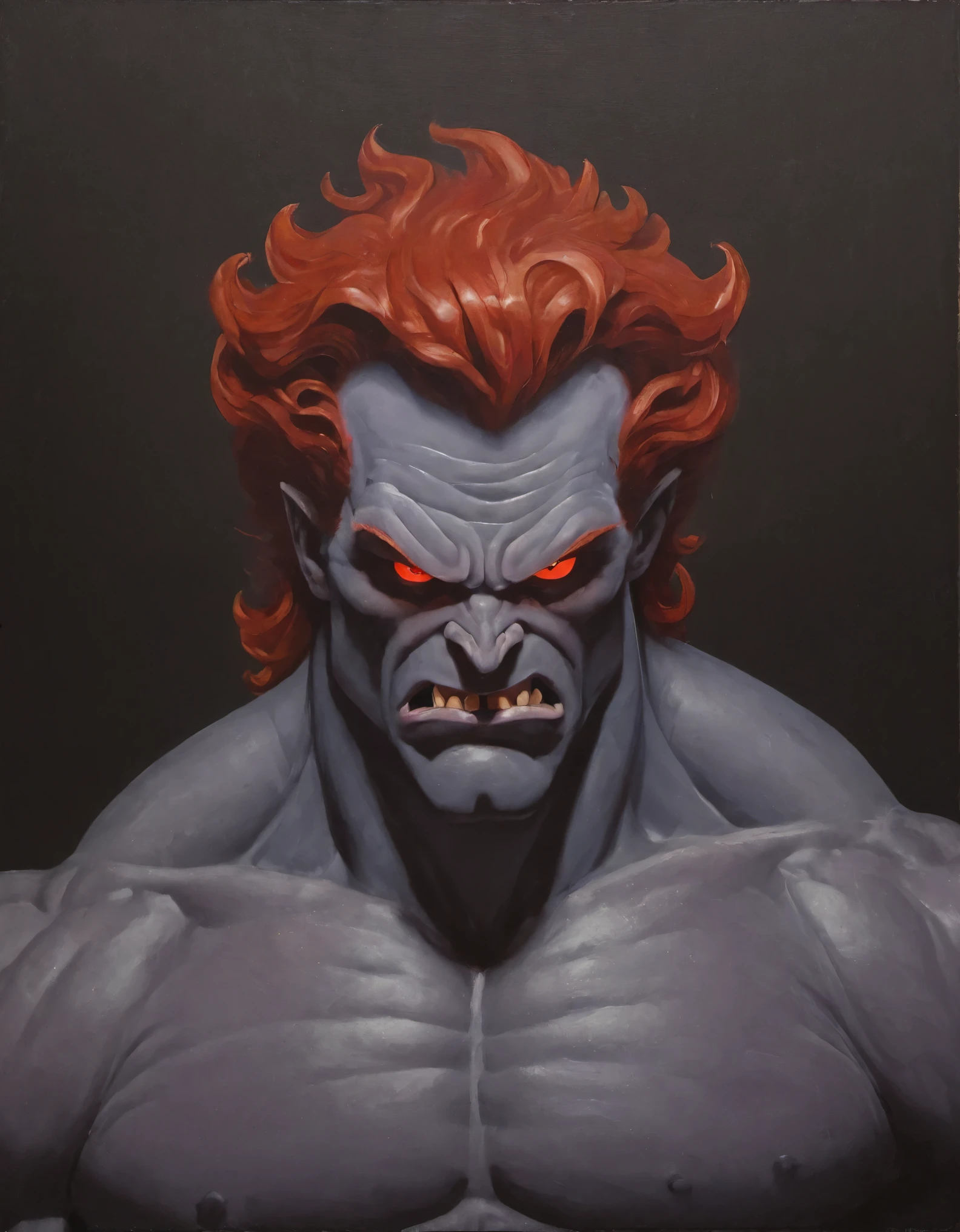 An ominously brooding and evil version of Hercules from Disney. he is a demon with evil glowing red eyes and red hair. He is clean shaven. In this striking painting, the villain's features are twisted into a malevolent sneer, his gaze piercing and threatening. The artist skillfully captures the contrast between Hercule's familiar form and this sinister interpretation, creating a visually captivating and atmospheric piece that radiates intensity and dark power.