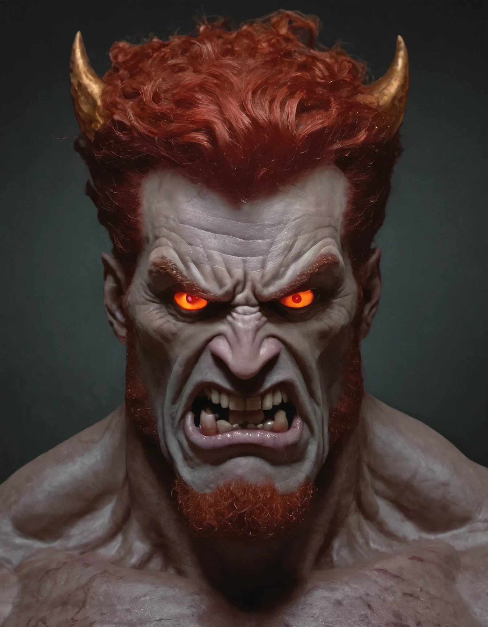 An ominously brooding and evil version of Hercules from Disney. he is a demon with evil glowing red eyes and red hair. He is clean shaven. In this striking painting, the villain's features are twisted into a malevolent sneer, his gaze piercing and threatening. The artist skillfully captures the contrast between Hercule's familiar form and this sinister interpretation, creating a visually captivating and atmospheric piece that radiates intensity and dark power.