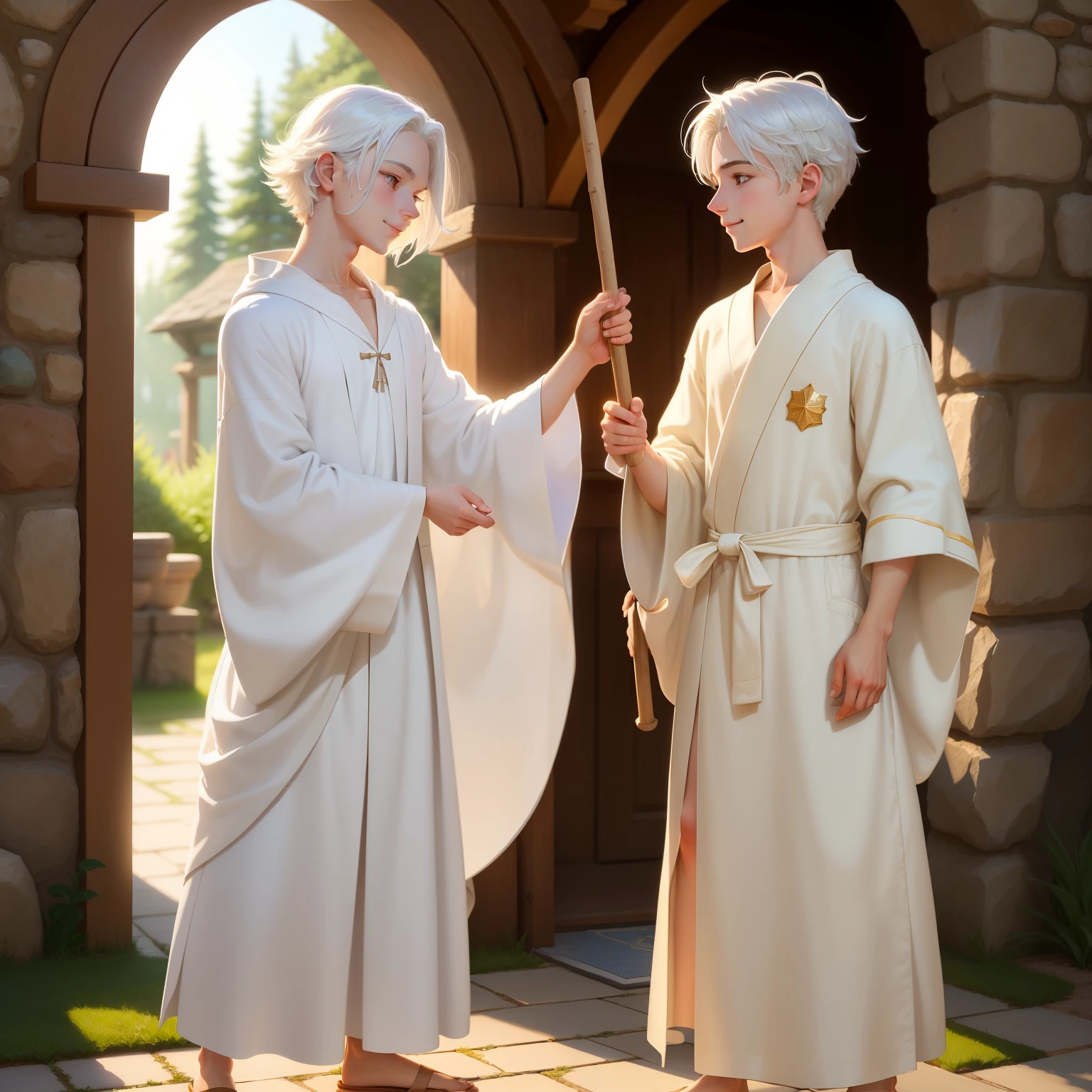 A white-haired boy cartoon character, clad in a simple robe, stands next to a loyal and playful dog. The boy's gleaming white hair cascades down to his shoulders, framing his youthful face. A warm smile plays upon his lips as he holds a curved stick in his calloused hand. The sun casts a gentle glow upon them, inviting a sense of peace and companionship.