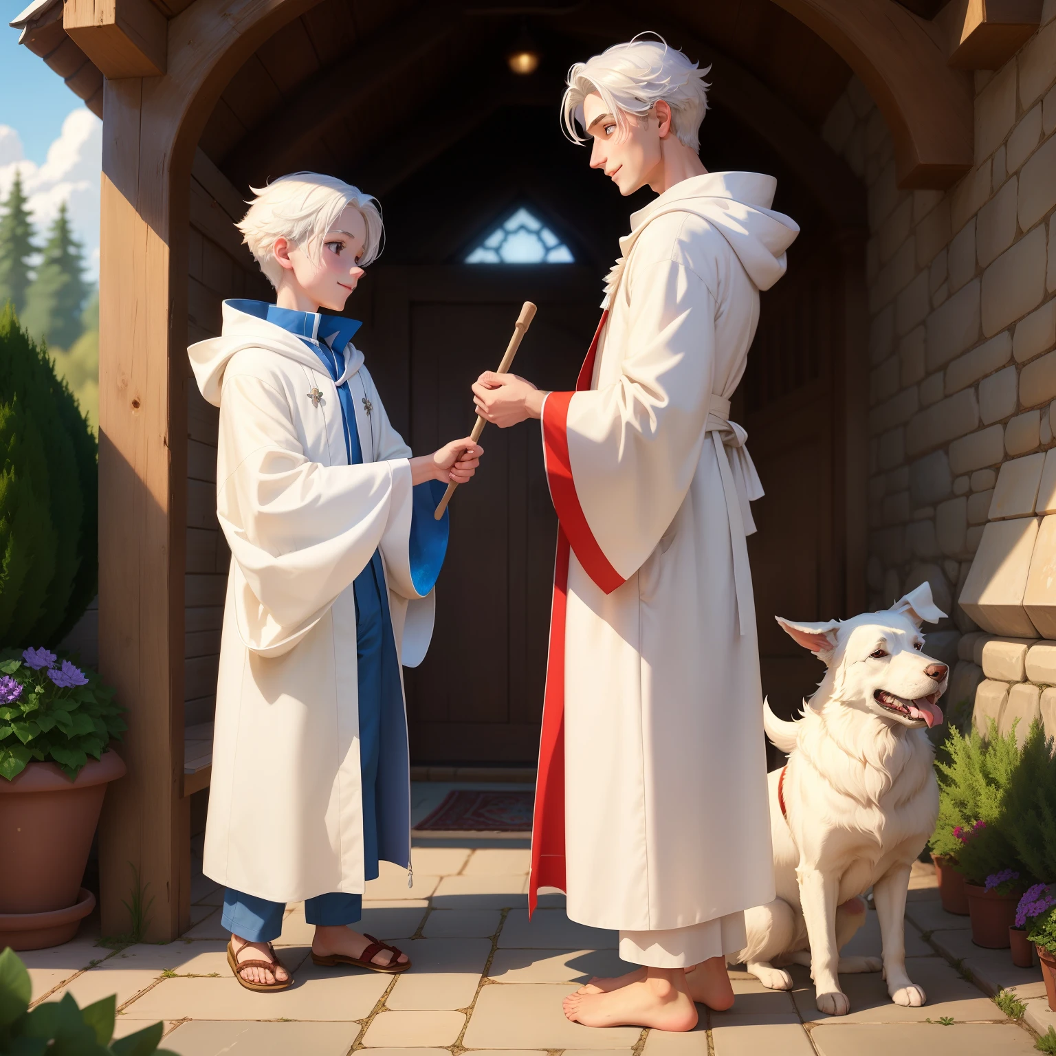 A white-haired boy cartoon character, clad in a simple robe, stands next to a loyal and playful dog. The boy's gleaming white hair cascades down to his shoulders, framing his youthful face. A warm smile plays upon his lips as he holds a curved stick in his calloused hand. The sun casts a gentle glow upon them, inviting a sense of peace and companionship.