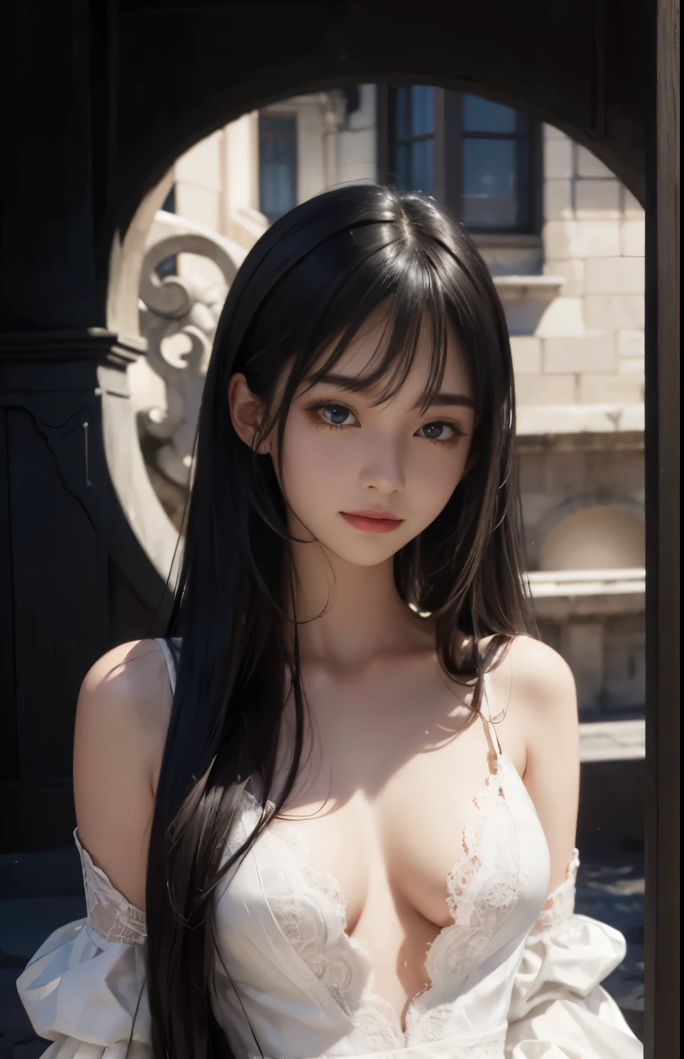 (surreal), (shape), (Improved resolution), (8k), (very detailed), (Best shape), (beautiful and detailed eyes), (highest quality), (Super detailed), (masterpiece ), ( wallpaper), (detailed face), 1 girl, , white dress,  lace chest,  big breasts, looking at the viewer, small details, detailed face, in the dark, deep shadow, private key, Pure erotic face ace_v1, smile, long hair, black straight hair , 46 point diagonal bangs