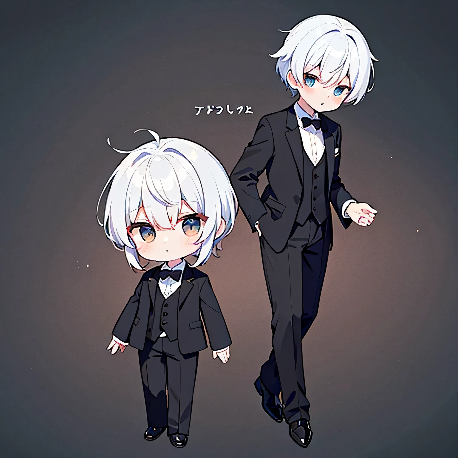 cuerpo completo, hombre en su juventud, pelo blanco, cabello corto, traje de esmoquin y chaleco, Unique character, chibi