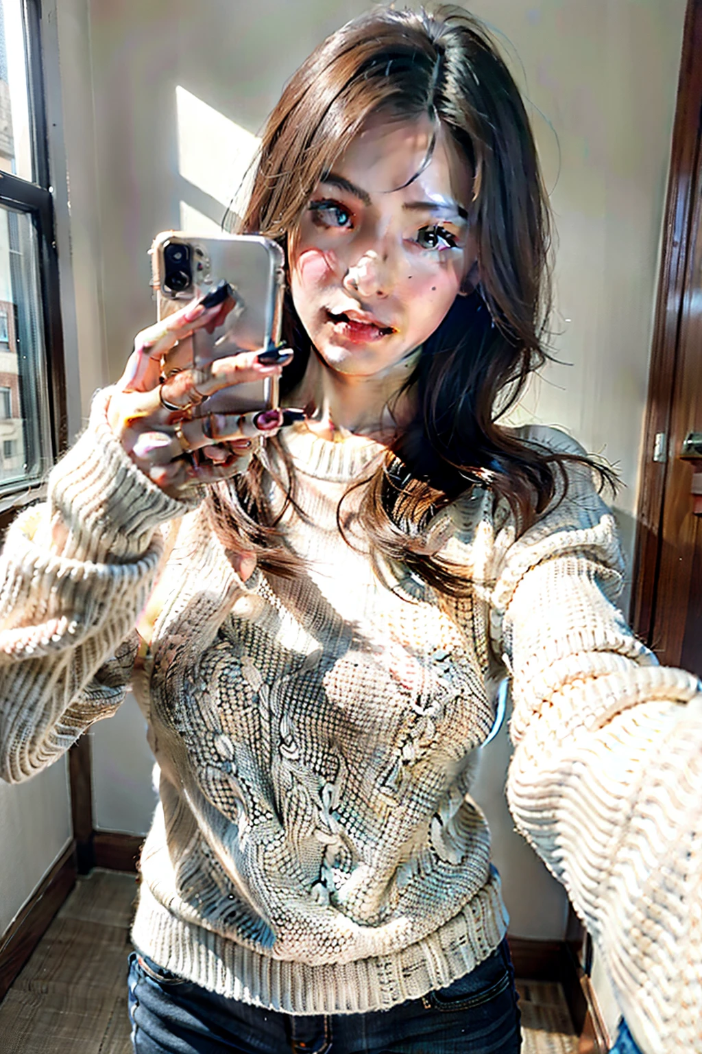 1 girl,sweater,selfie