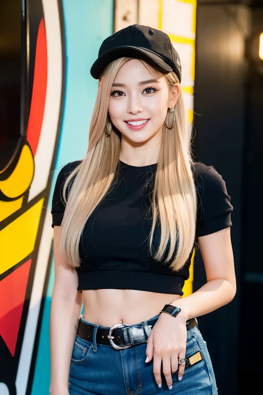 ((highest quality, 8k, masterpiece: 1.3)), sharp: 1.2, perfect body beauty: 1.4,pretty girl,23 years old、big breasts、original character, volume lighting, shallow depth of field, sharpな眉毛, big smile, open your mouth, fang out, Layered long twin tail blonde, blush eyeshadow, thick eyelashes, apple jack hat, oversized pop jacket, Mini Underbob T-Shirt, open the navel, slim waist, denim jeans pants, with buckle belt, At Graffiti Alley, waste container, Outer phase, The outdoor unit, Are standing, vivid colorful paintings