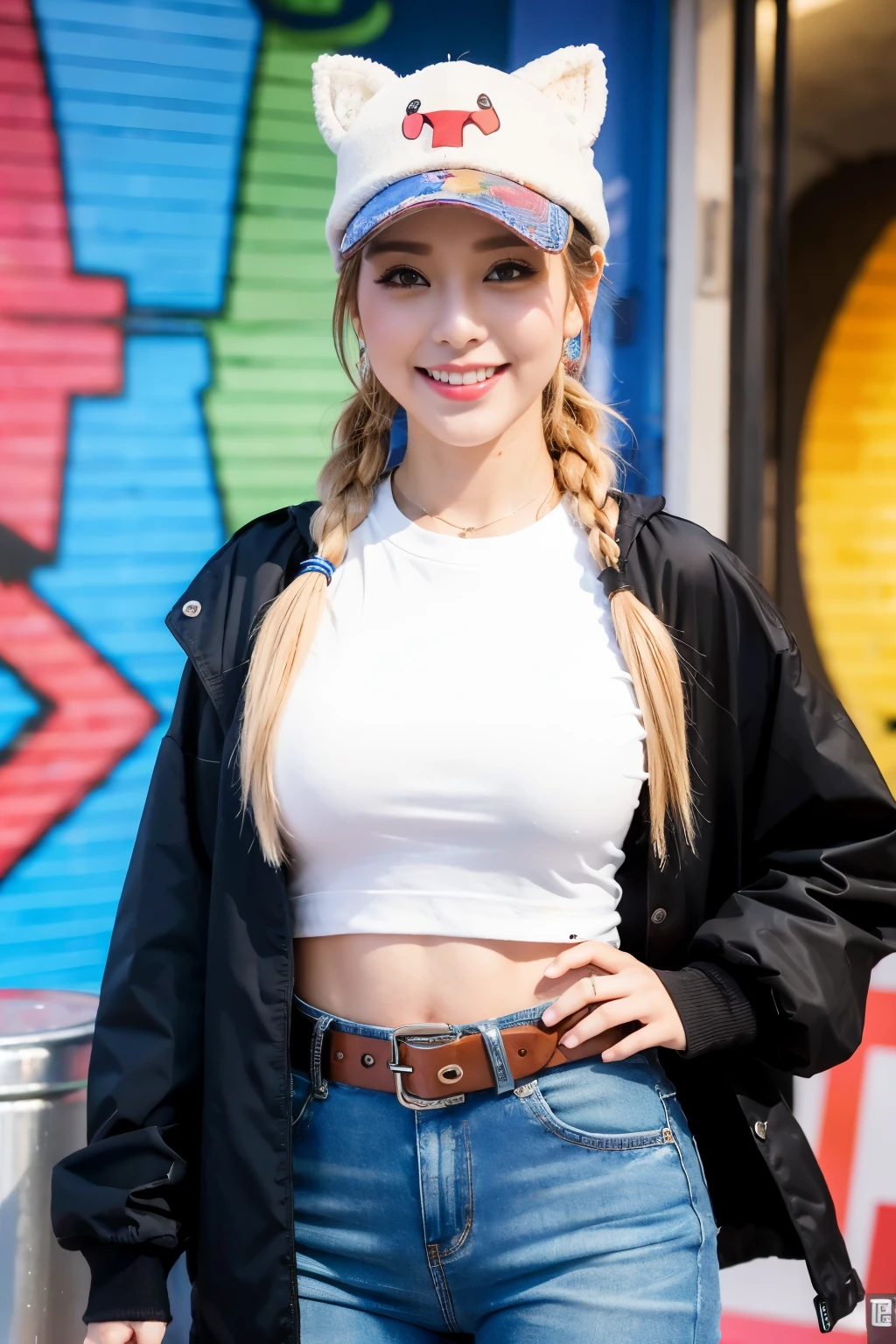 ((highest quality, 8k, masterpiece: 1.3)), sharp: 1.2, perfect body beauty: 1.4,pretty girl,23 years old、big breasts、original character, volume lighting, shallow depth of field, sharpな眉毛, big smile, open your mouth, fang out, Layered long twin tail blonde, blush eyeshadow, thick eyelashes, apple jack hat, oversized pop jacket, Mini Underbob T-Shirt, open the navel, slim waist, denim jeans pants, with buckle belt, At Graffiti Alley, waste container, Outer phase, The outdoor unit, Are standing, vivid colorful paintings