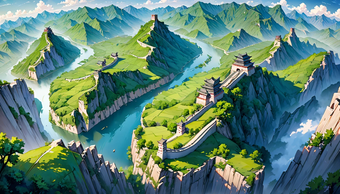 A breathtaking aerial view of the Great Wall of China, winding majestically across undulating terrain. The wall stretches far into the distance, with watchtowers and fortifications dotted along its length. The surrounding landscape is vibrant and diverse, featuring lush greenery, rocky outcrops, and winding rivers. The architectural details of the wall are intricately rendered, showcasing the historical grandeur and architectural nuances. Shadows cast by the wall create a sense of depth and dimension, evoking the passage of time. The harmonious blend of natural elements and man-made structures symbolizes the unity between civilization and the awe-inspiring Chinese landscape. This intricate illustration celebrates the cultural significance of the Great Wall, offering a unique and immersive glimpse into its timeless splendor.