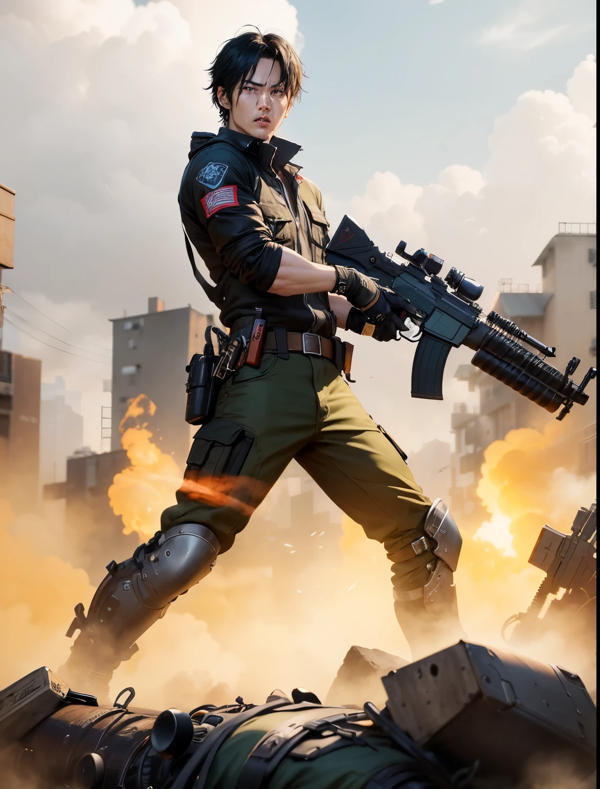 man ,亚洲man,fierce expression,resident Evil,Realistic skin texture,black hair,black eyes,realistic hair,Hair with layers,with rifle in hands,look to the right ,shabby clothes,Rich colors,bright colors,game rendering,close-up,best quality, high resolution:1.2, 4k,Lots of details,game art,Masterpiece,top quality, 超high resolution, light,