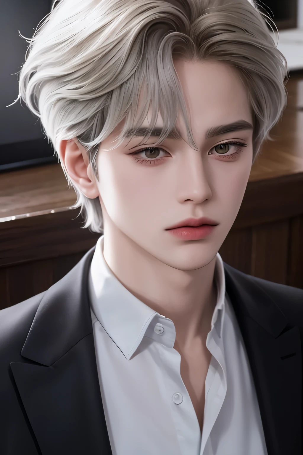 Boy, gray hair, yellow eyes, sharp features, white skin, shirt, jacket