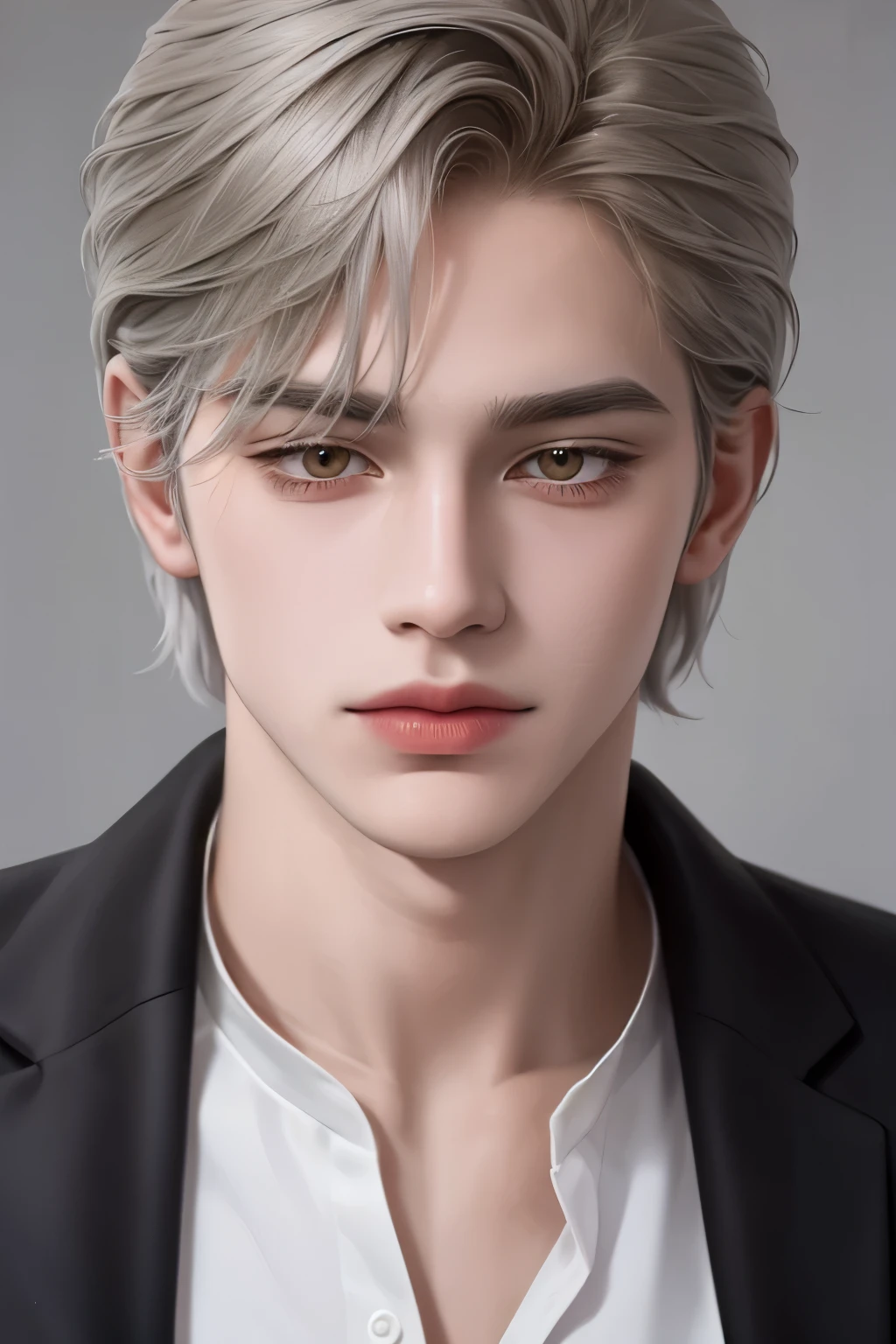 Boy, gray hair, yellow eyes, sharp features, white skin, shirt, jacket