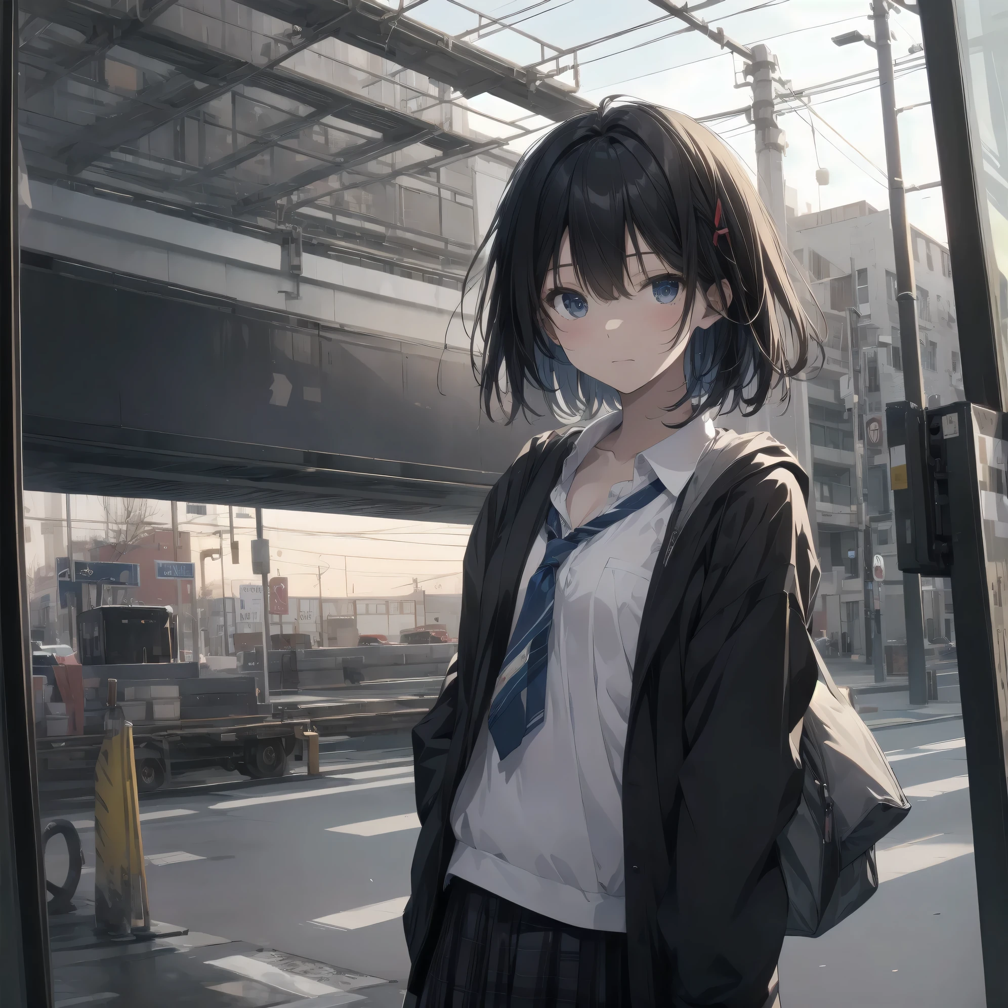 Super absurd quality by the god of art, super detailed, High resolution, anime moe art style, Best Anime 8K Kona-chan Wallpaper, pixiv contest winner, perfect anatomy, break,(眠そうにalone学校へ行く女の子を描いてください. )break,1 girl, (alone,little woman, 13 years old:1.3),All limbs, full finger,, The charm of an immature body, (very_short hair), bangs,flat chest, small ass, between legs, small eyes, small black eyes, detailed and beautiful eyes, Well-proportioned iris and pupils, expressive eyes, High resolutionの詳細な髪, neck ribbon, skirt, collared shirt, pleated skirt, school uniform, school bag,(detailed lighting), (detailed background), On the way to school. break,super dense skin, Best cinematic lighting powered by famous artist, 8k,beautiful illustrations,photoshop_(Moderate),Absurd Hi-Res,Hmm,rough skin,break,((artist:dark black,)) artist:Rinzo, artist:mitsumi misato,artist:akinashi yuu