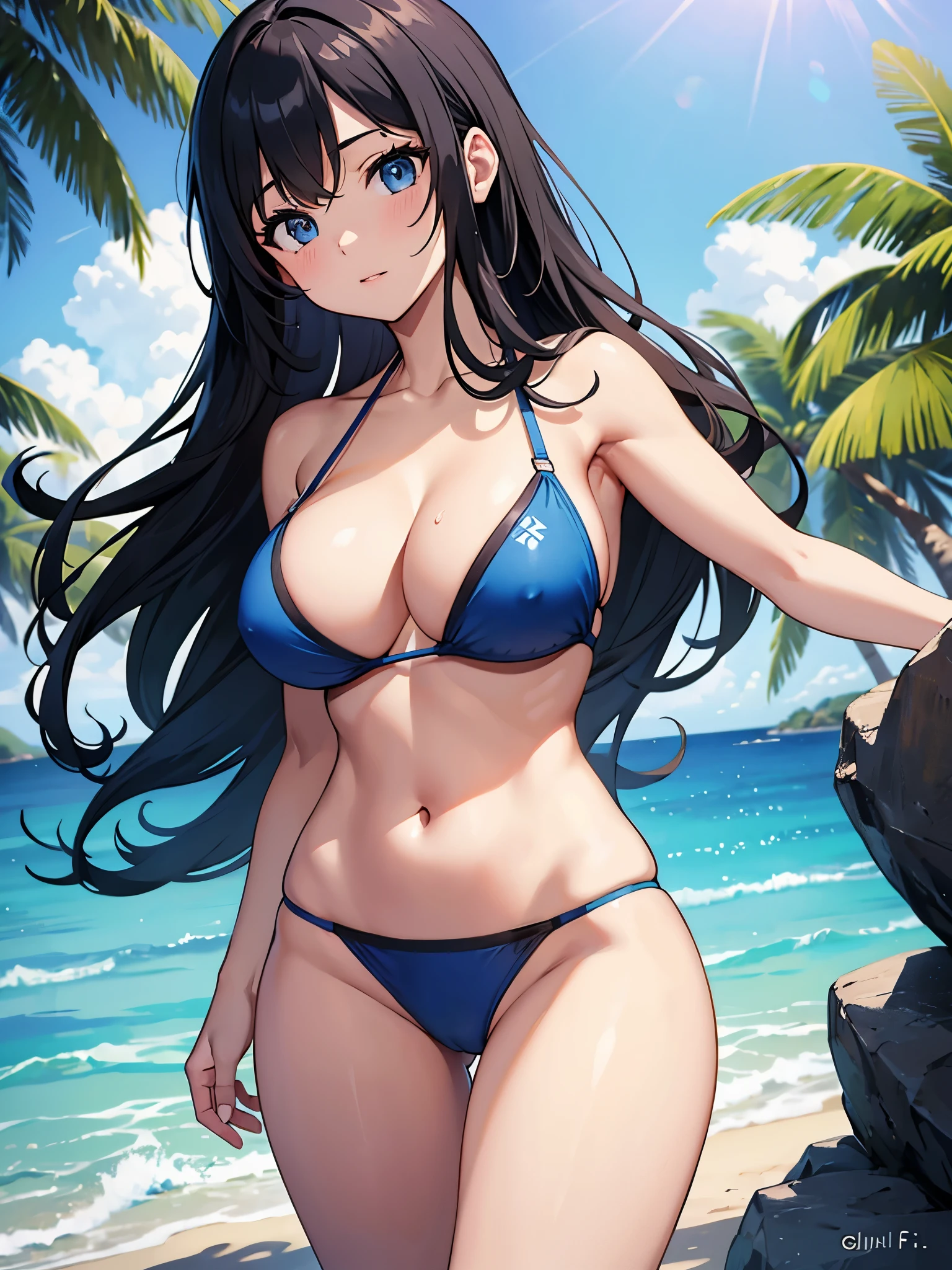 (masterpiece, Best quality at best:1.3), actual, (Real pictures, Complicated details, depth of fields), Best quality at best, (sky_blue_bikini:1.3), Fitness model, Fair skin, (beach:1.2) , (milf:1.2) , (large breasts:1.2) , (wide hips:1.2) , (black hair:1.2) , (blue_eyes) , (wet)