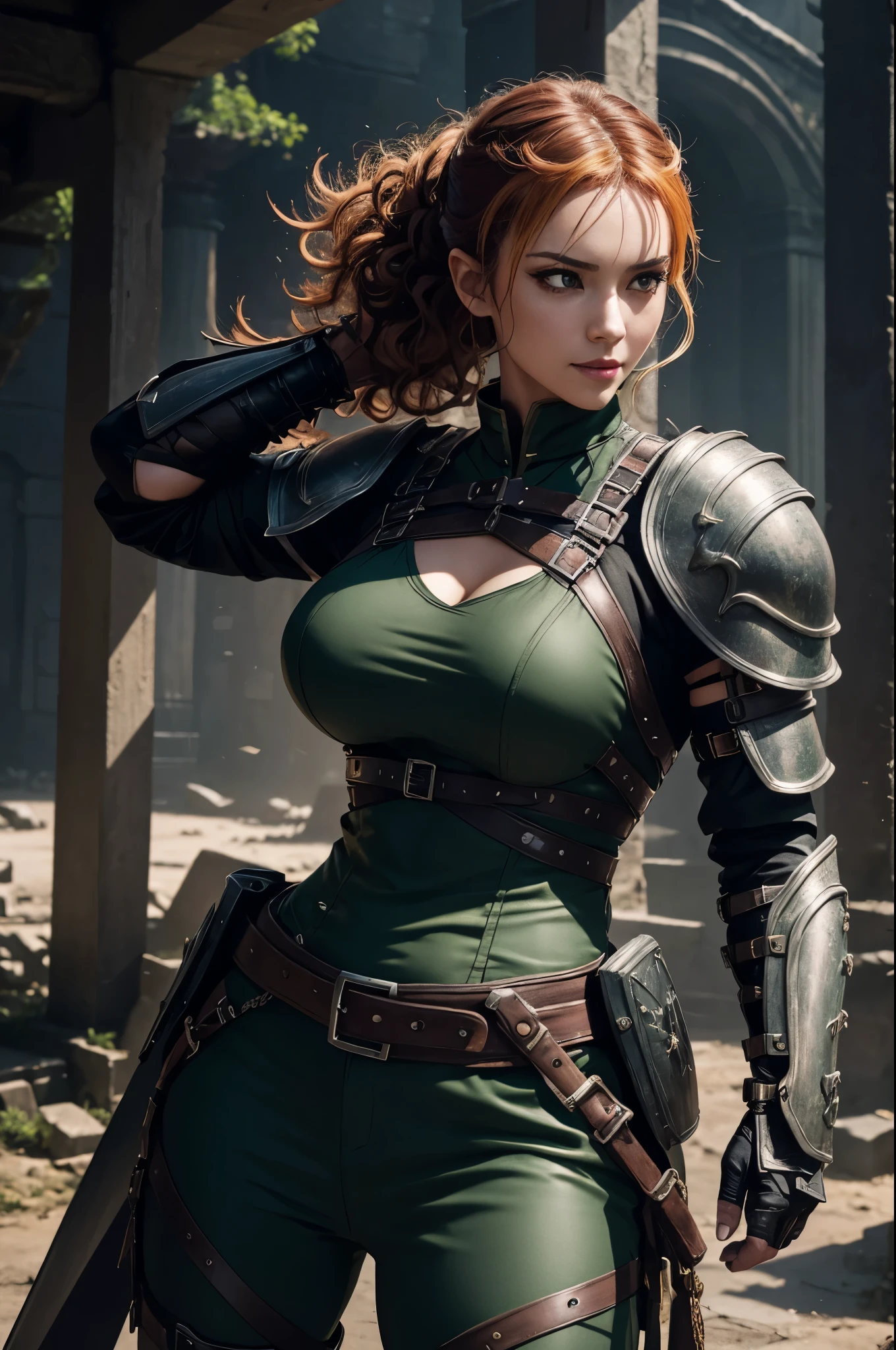 8K,Sexy medieval demon slayer in combat bondage outfit,Super beautiful(like the real thing),green eyes,Big eyes,green mohawk hair,black combat bondage pants,carry a long, large sword on one&#39;s back,fearless smile,detailed hazel eyes, sharp face, clear eyes, red lips, long bangs, short curly hair, blonde, 山の中の大きなIn front of the ruins, Upper body, sexy battle suit, military harness,luxurious black shoulder armor,Kovu black chest armor,masterpiece,Photorealistic RAW photos of the highest quality。bright colors,rich colors, Backlight, cinematic lighting, film grain, to be born, 50mm lens, Nikon D850,detailed character art,fantasy art,ultra high resolution,super realistic skin,perfect hand shape,In front of the ruins,dynamic pose,Close-up,