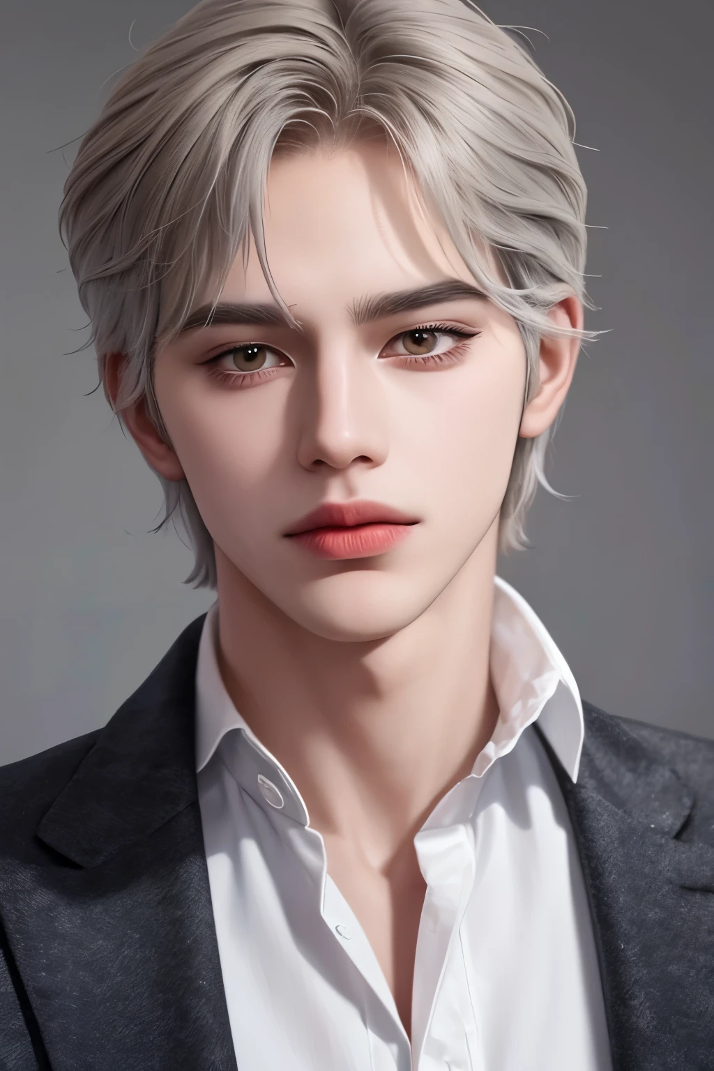 Boy, gray hair, yellow eyes, sharp features, white skin, shirt, jacket