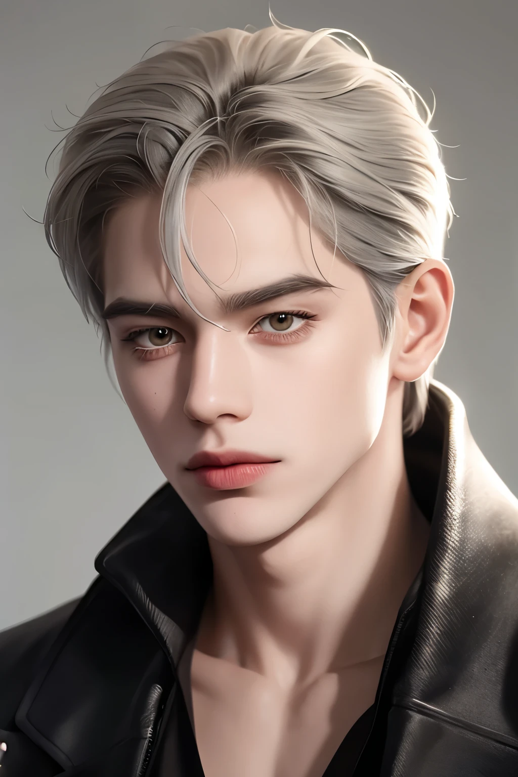 Boy, gray hair, yellow eyes, sharp features, white skin, shirt, jacket