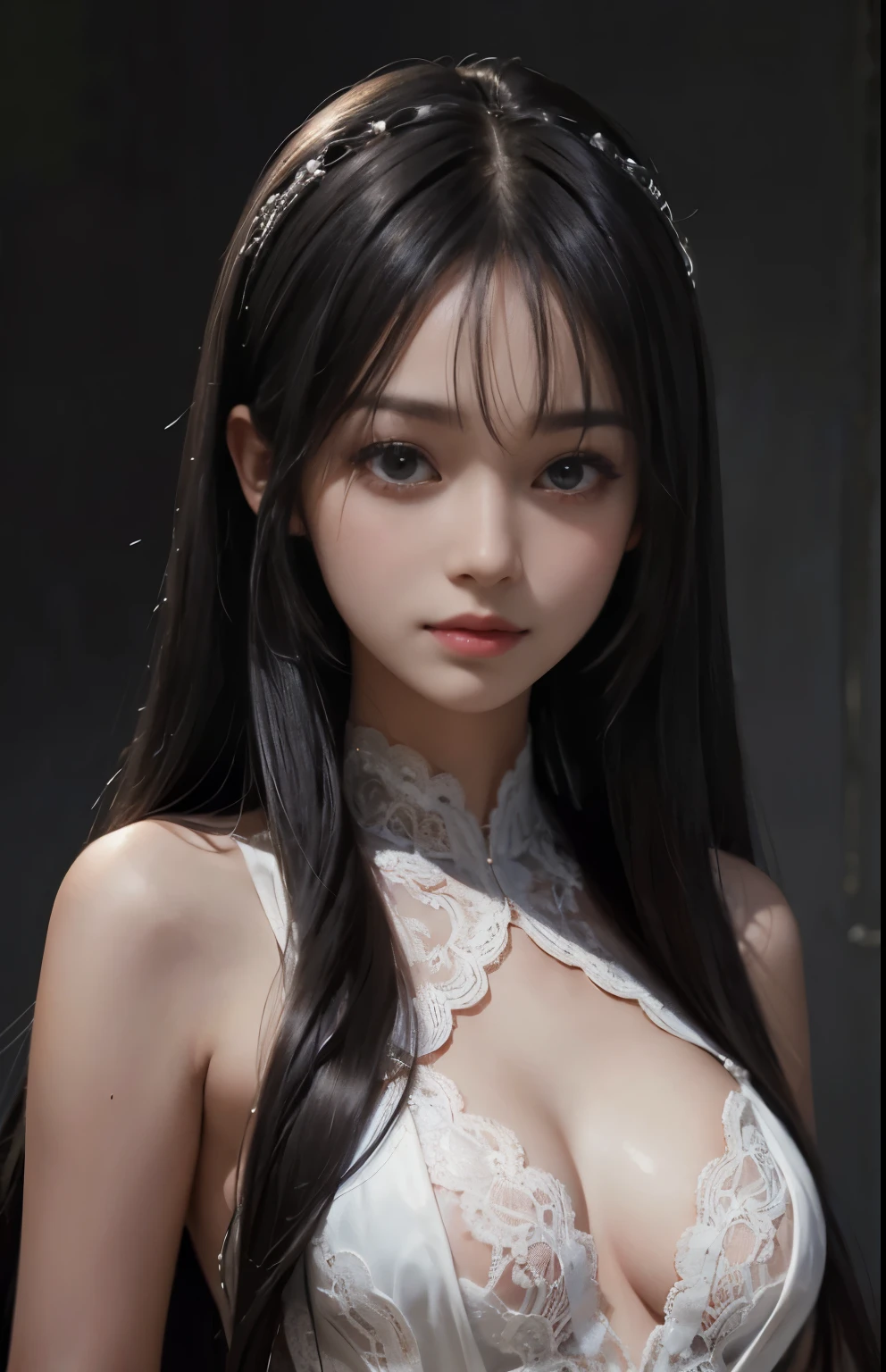 (surreal), (shape), (Improved resolution), (8k), (very detailed), (Best shape), (beautiful and detailed eyes), (highest quality), (Super detailed), (masterpiece ), ( wallpaper), (detailed face), 1 girl, 17 years old, white dress,  lace chest,  big breasts, looking at the viewer, small details, detailed face, in the dark, deep shadow, private key, Pure erotic face ace_v1, smile, long hair, black straight hair , 46 point diagonal bangs