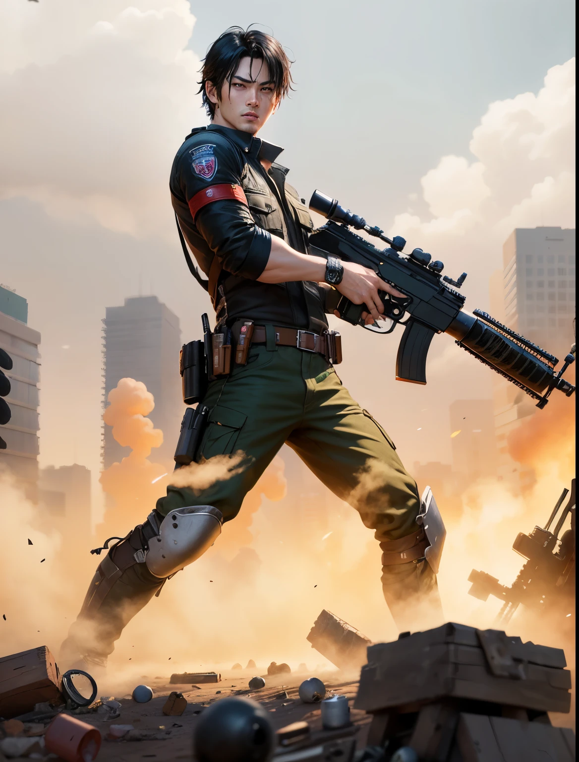 man ,亚洲man,Hold a gun in both hands,resident Evil,Realistic skin texture,black hair,black eyes,realistic hair,Hair with layers,with rifle in hands,look to the right ,shabby clothes,Rich colors,bright colors,game rendering,close-up,best quality, high resolution:1.2, 4k,Lots of details,game art,Masterpiece,top quality, 超high resolution, light,