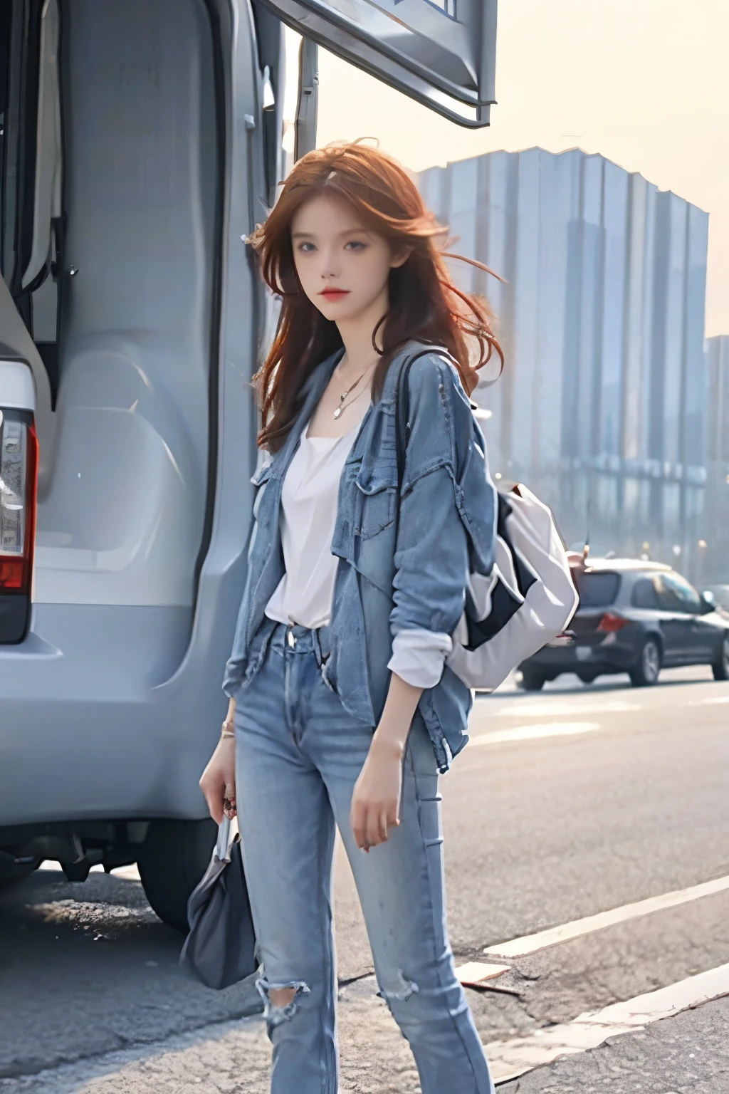 Woman, beautiful, white, long red hair, perfect body, blue eyes, wearing a blue jeans jacket, wearing a white undershirt, wearing short knee-length jeans, wearing white sports shoes, wearing a pendant, carrying a gray backpack on her back -ash, standing on the side of the highway, in the middle of the city center