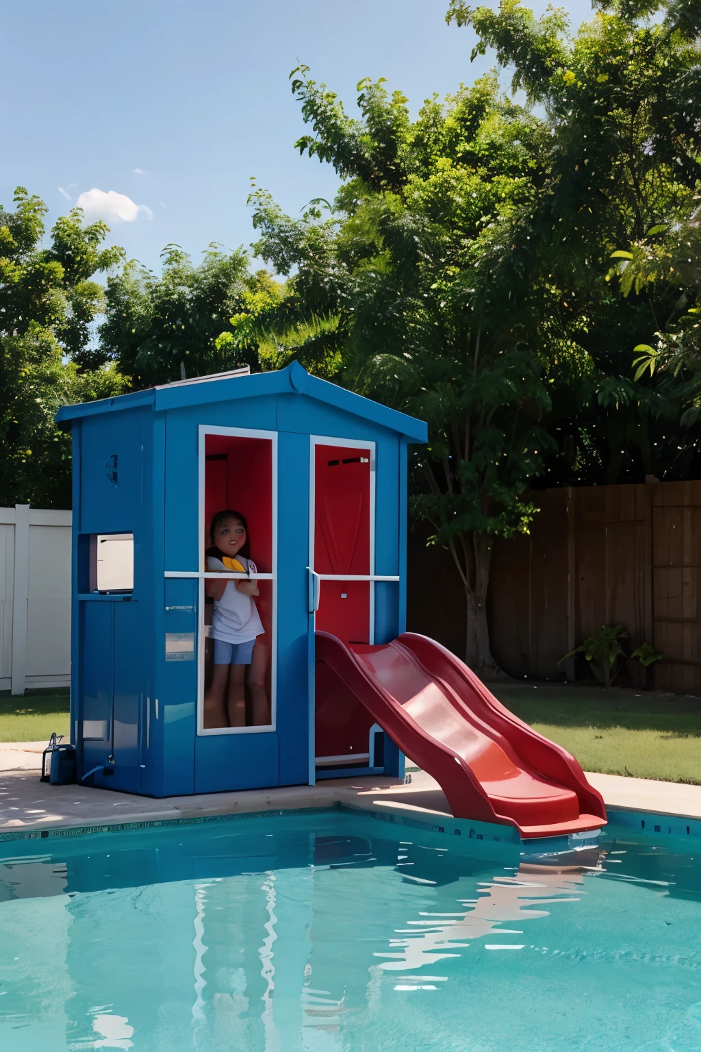 Can you generate a poolside slide very sustainable (Smoby brand) next to a swimming poll outdoor, for kids and colorful (blue with and red ) in plastic with THE folowing logo on the Side : SMOBY