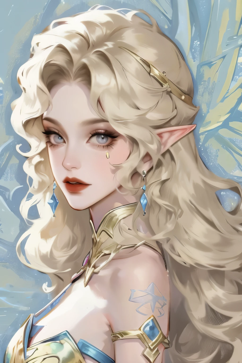 ((hyperrealistic, photorealistic, 8k, intricate details, maximum quality)) A beautiful young elf with long flowing blonde hair with bangs, silky skin, beautiful eyes, full breasts, beautiful lips, smiling, wearing earrings, hair decorations, with two butterfly wings behind her head, wearing a beautiful low-cut light silk dress, with bouquets of flowers on both sides, and in the background, butterflies flying around and under her head, beautiful hyperrealistic butterfly elf, photorealistic adorned elf, beautiful elf background with intricate details. .