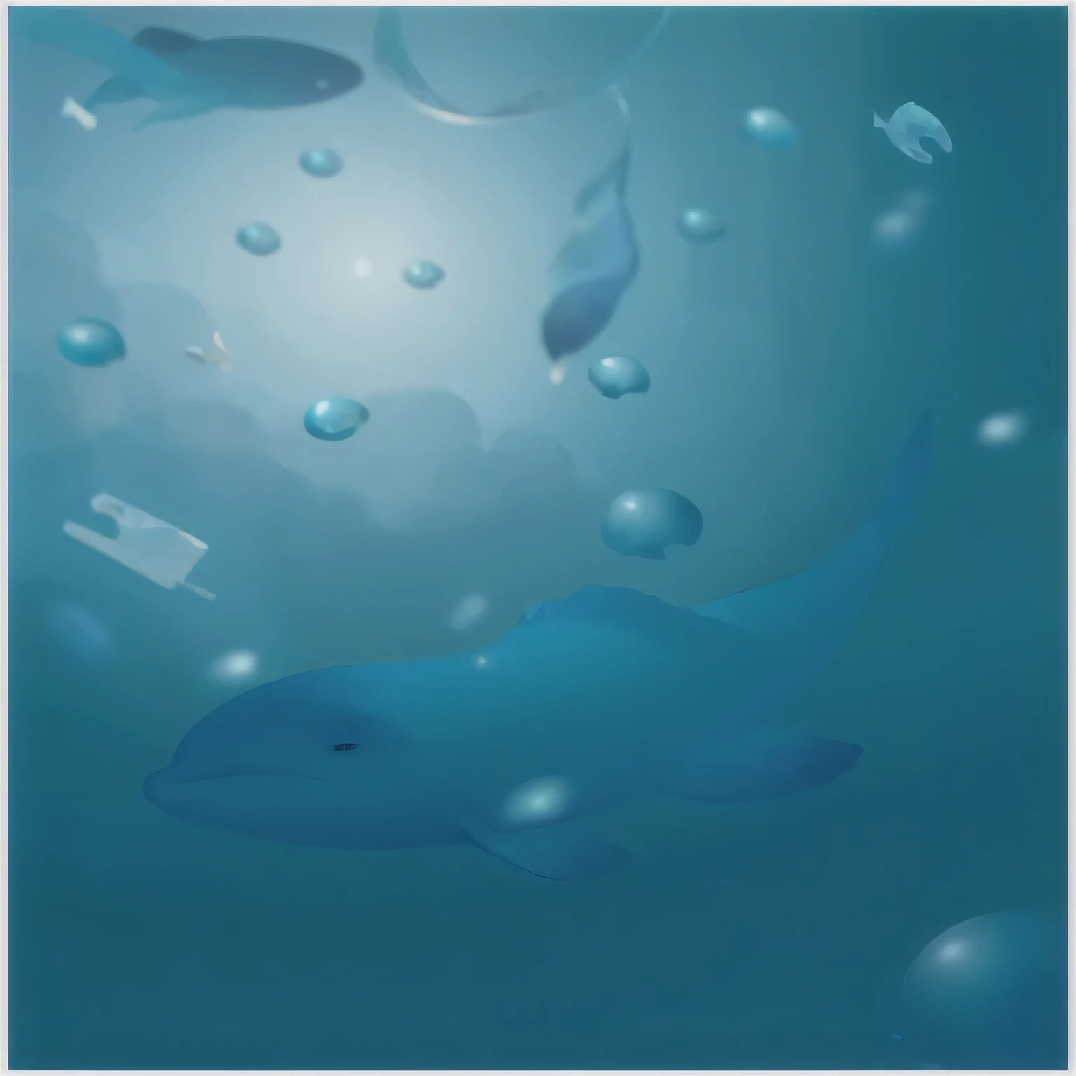 there is a dolphin that is swimming in the water with plastic bags, 充满bubble的水下风景, underwater bubbles background, warm color,透明plastic,environmental pollution,Made with illustrator, Made with adobe illustrations, underwater bubbles, Created in Adobe Illustrator, an ocean, underwater background, the blue whale crystal texture, ocean, [ bubbles, fish, plastic, barreleye, bubble, bubbles ”, bubble background