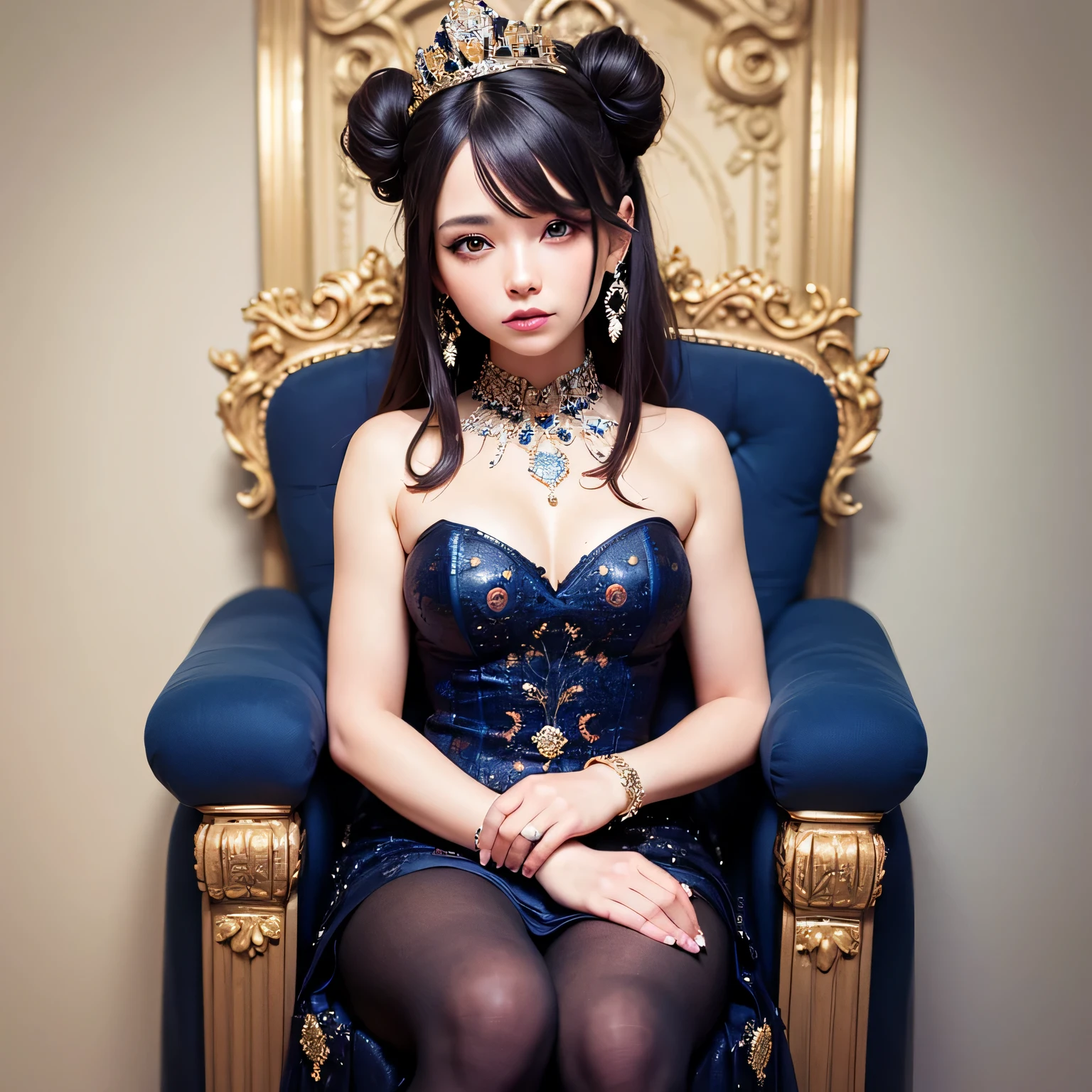 (reality: 1.2), highest quality, 8k UHD, masterpiece, High resolution,CG,
1 Very knowledgeable girl, highly detailed queen

, sitting on a highly detailed throne, That&#39;s ridiculous, luxury royal palace background, beautiful and detailed, highly detailed long hair, wearing a beautiful and luxurious crown with diamonds and super detailed,

highly detailed dress,
 alone, jewelry, highly detailed red and blue dress, cute face, beautiful, and super detailed, 

, earrings, Highly detailed hairstyle, spread, The upper body is made very precisely, Highly detailed bun hair, highly detailed black hair,
lit,Frank,photograph,High resolution,4k,8k,Bokeh,