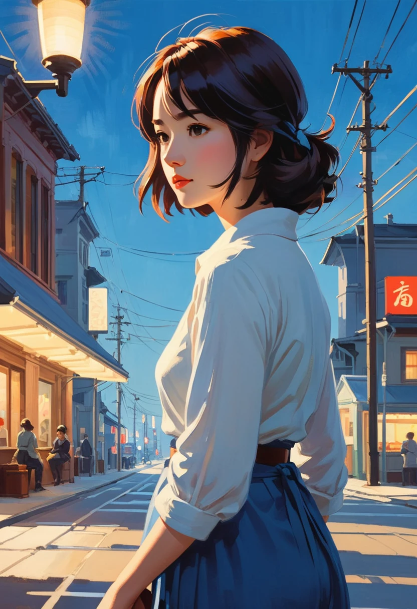  "woman in spot" , acrylic painting, trending on pixiv fanbox, palette knife and brush strokes, style of makoto shinkai jamie wyeth james gilleard edward hopper greg rutkowski studio ghibli genshin impact