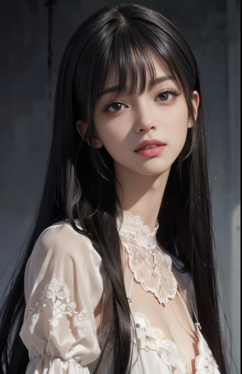(surreal), (shape), (Improved resolution), (8k), (very detailed), (Best shape), (beautiful and detailed eyes), (highest quality), (Super detailed), (masterpiece ), ( wallpaper), (detailed face), 1 girl, 17 years old, white dress, lace chest, big breasts, looking at the viewer, small details, detailed face, in the dark, deep shadow, private key, Pure erotic face ace_v1, smile, long hair, black straight hair , 46 point diagonal bangs