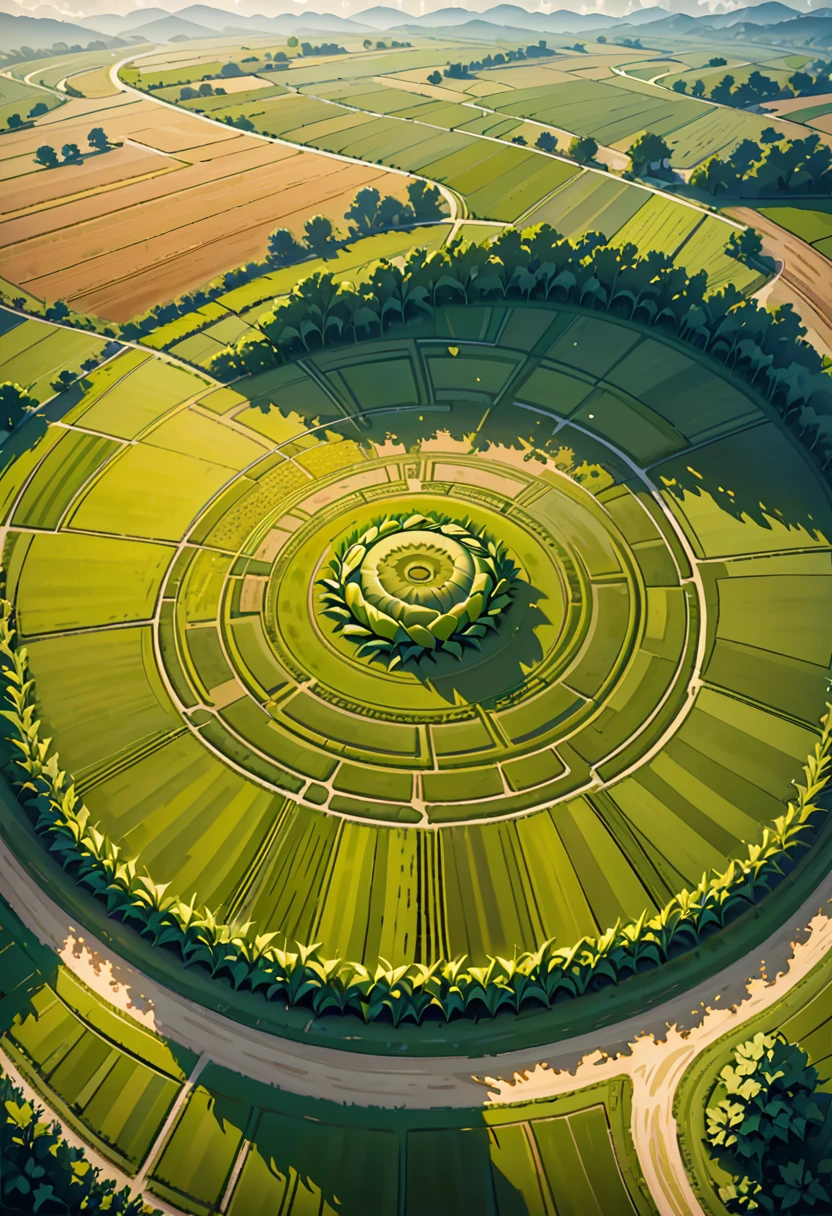 An awe-inspiring aerial drone view of an American cornfield, showcasing a mysterious crop circle. The vast expanse of the rural landscape is captured with meticulous attention to detail, with the corn rows forming a captivating pattern. The intricate design of the mysterious circle stands out amidst the golden sea of crops, casting intriguing shadows and playing with light. The surrounding farmland is depicted with realistic precision, and the overall atmosphere of the artwork is a blend of otherworldly allure and unexplained phenomenon.