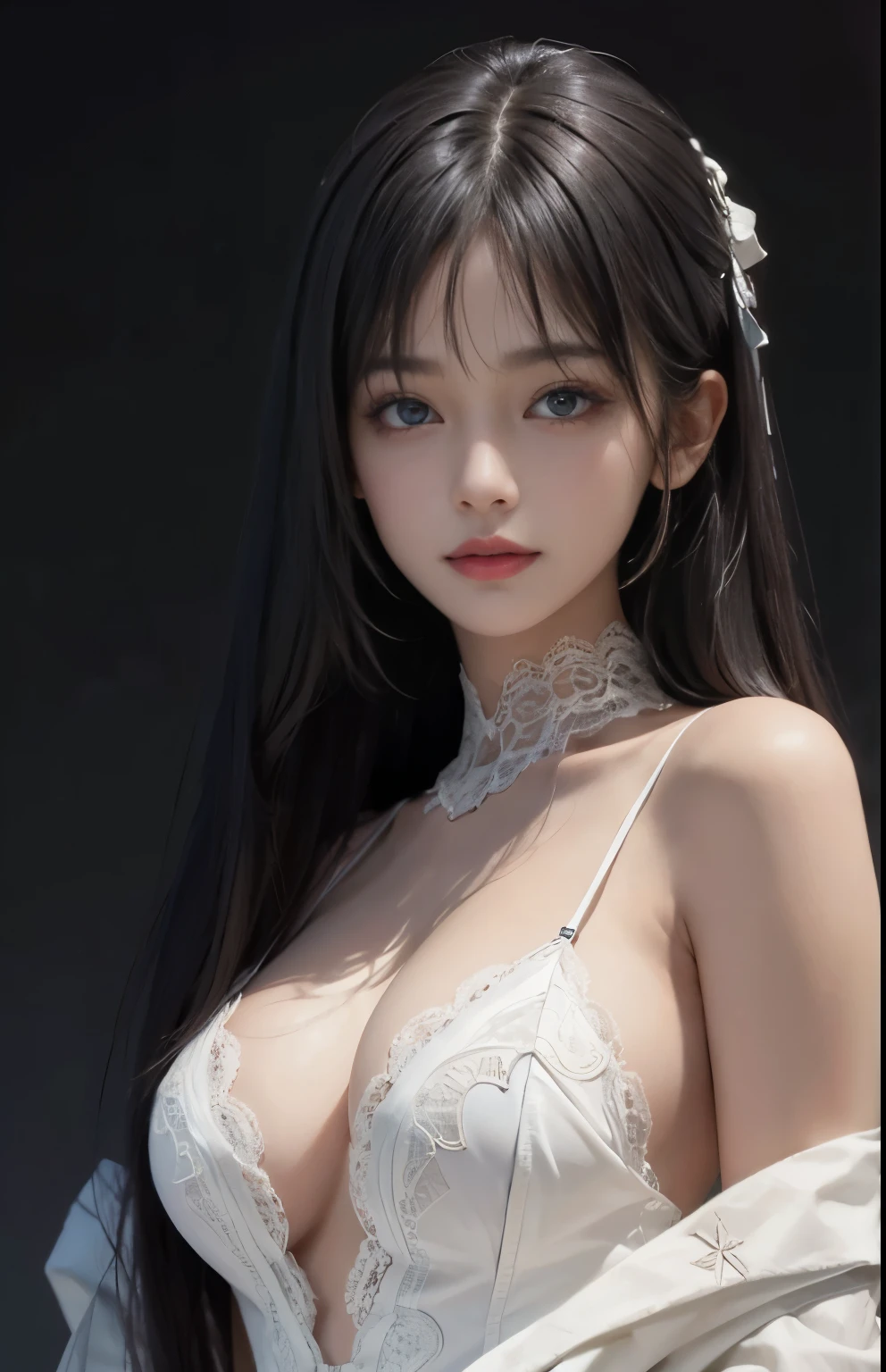 (surreal), (shape), (Improved resolution), (8k), (very detailed), (Best shape), (beautiful and detailed eyes), (highest quality), (Super detailed), (masterpiece ), ( wallpaper), (detailed face), 1 girl, , white shawl,  lace chest,  big breasts, looking at the viewer, small details, detailed face, in the dark, deep shadow, private key, Pure erotic face ace_v1, smile, long hair, black straight hair , 46 point diagonal bangs