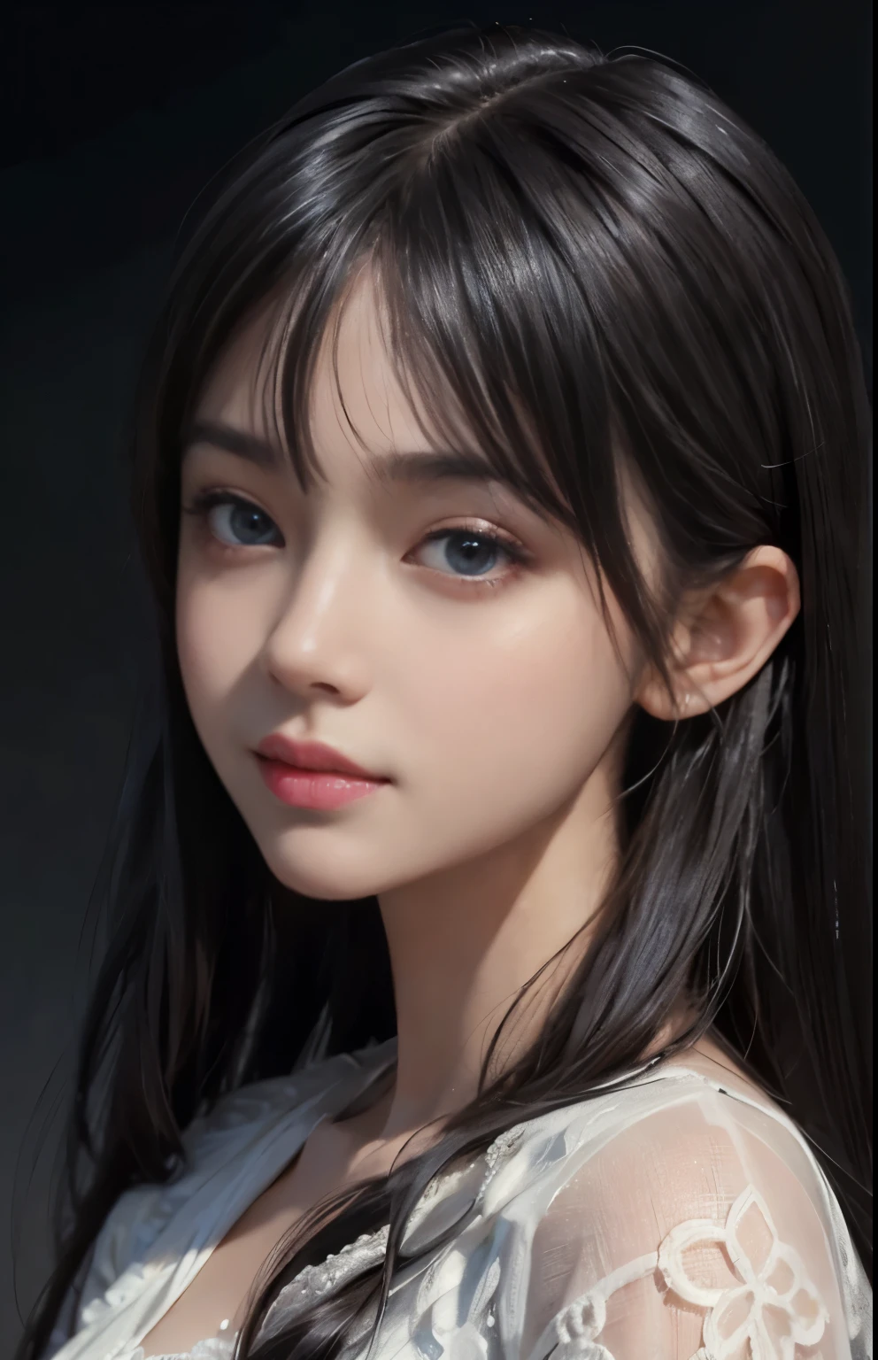 (surreal), (shape), (Improved resolution), (8k), (very detailed), (Best shape), (beautiful and detailed eyes), (highest quality), (Super detailed), (masterpiece ), ( wallpaper), (detailed face), 1 girl, 17 years old, white shawl,  lace chest,  big breasts, looking at the viewer, small details, detailed face, in the dark, deep shadow, private key, Pure erotic face ace_v1, smile, long hair, black straight hair , 46 point diagonal bangs