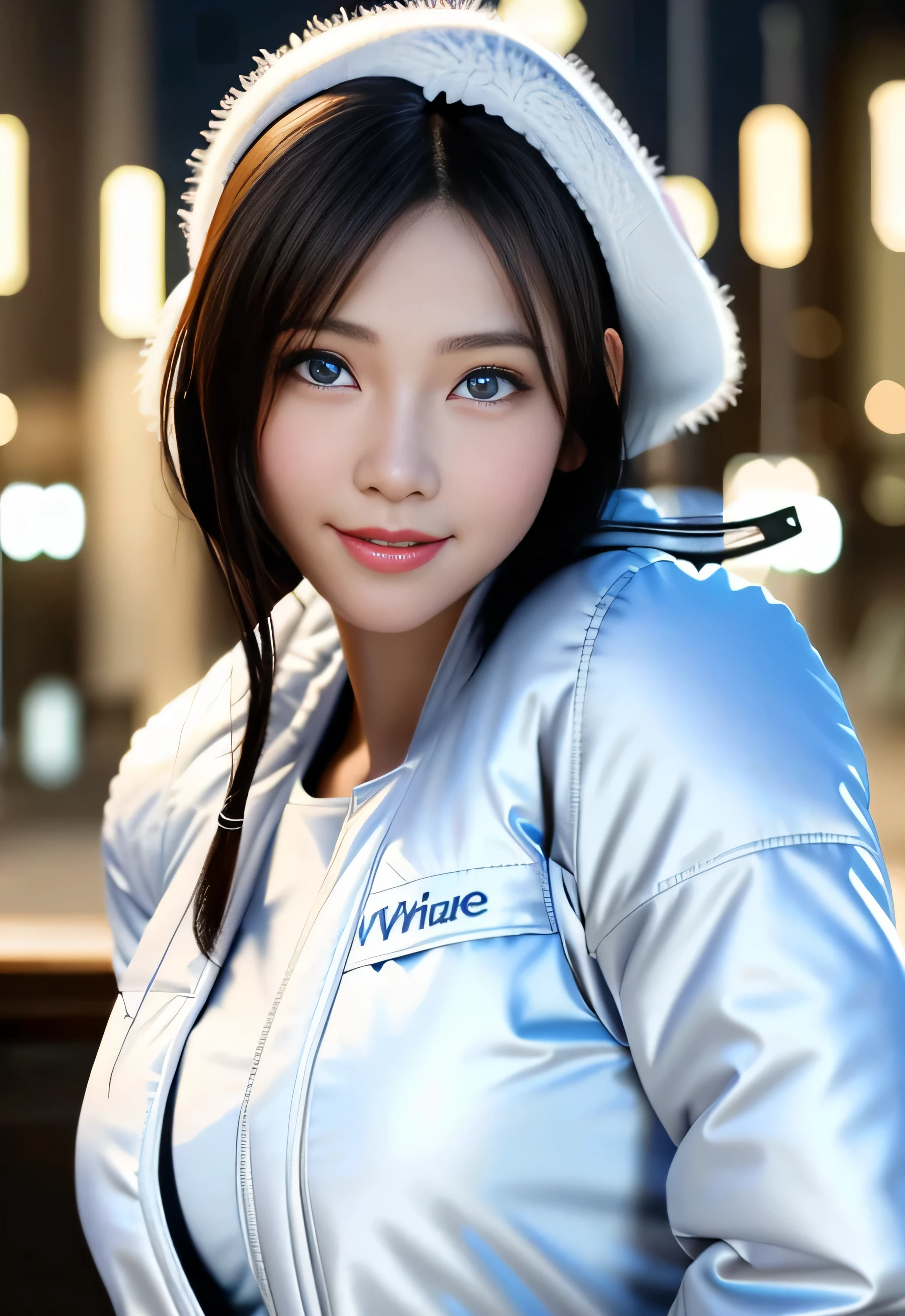 8k, highest quality, table top:1.2), (realistic, Photoreal:1.37), highest quality, table top, beautiful young woman, blue eyes, smile, Charm、and an inviting look、big breasts, ((white down jacket:1.4)), knit hat、braided twin tails, cinematic background, bright skin tone、night city background