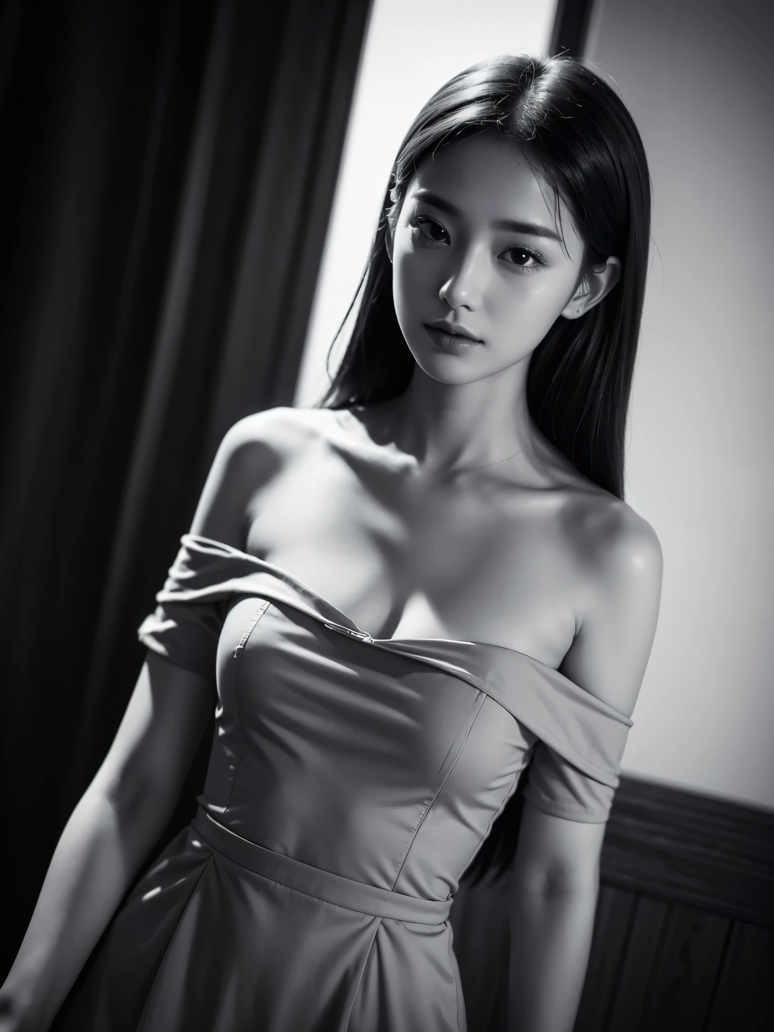 Shot from above、Monochrome tone、High Detail、Edge Detection、sharpness、High contrast、Highlight、A beautiful young girl、a small face、a small face、cleavage of the breast、Off-the-shoulder dresses、simple dress、Rim Lights、Cinematic Light、ultra-wide-angle、