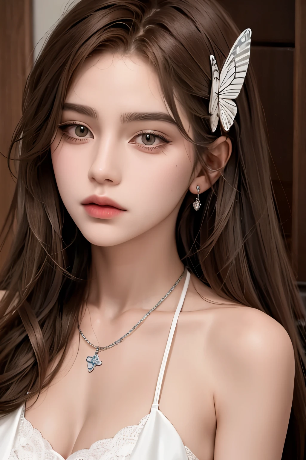Girl, Long brown hair, Gray eyes, Sharp features, White skin, Wavy hairstyle, dress, butterfly necklace