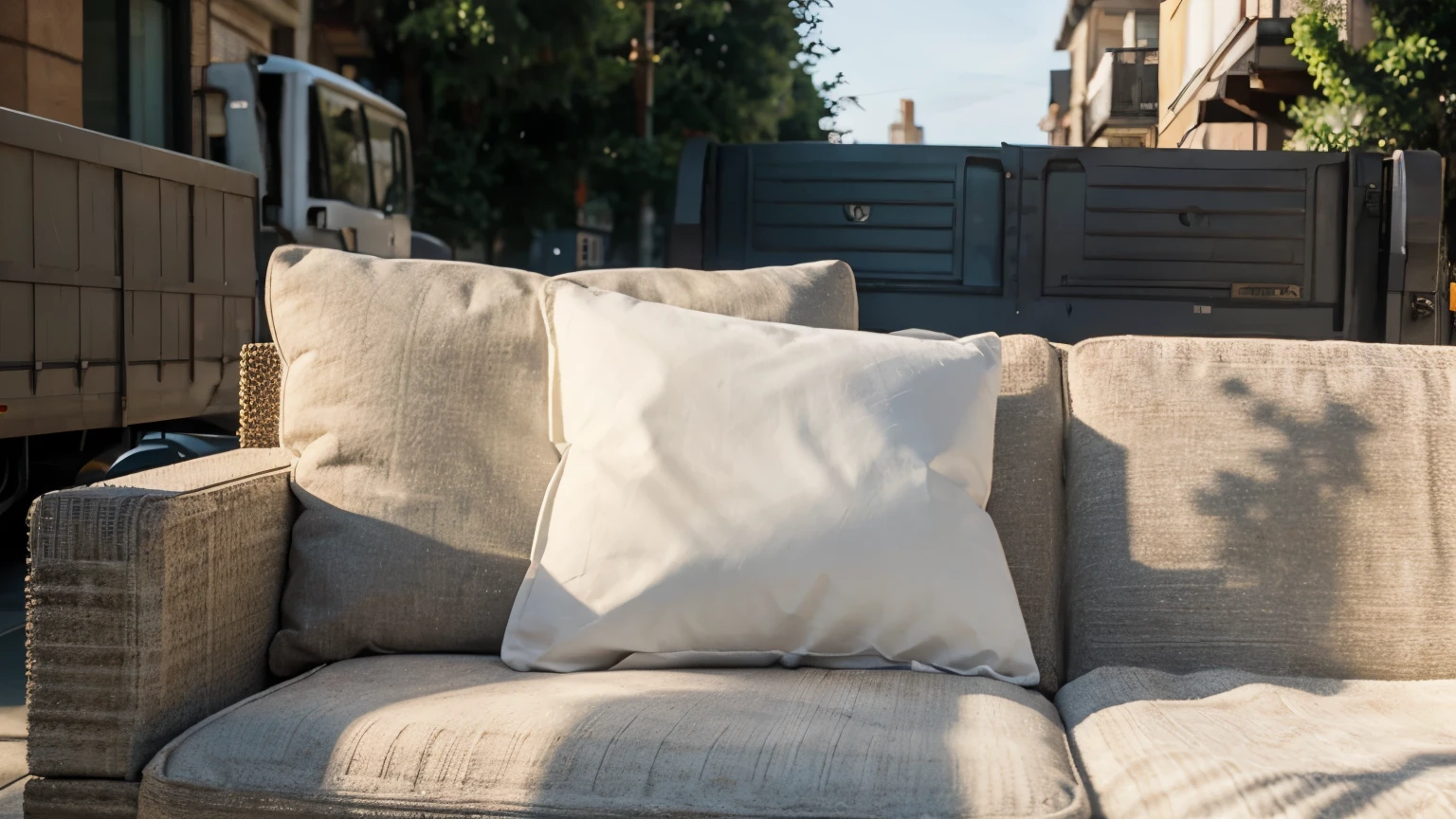 a close up of a chair with a pillow on it, some sandy yellow pillows, couches vibrating and melting, cushions, sitting on a sofa, old couch, spitting cushions from his mouth, sitting on the sofa, couch, soft shading, plush furnishings, sofa, in a comfortable chair, single chair, beautiful natural soft light, pillows on the rear platform of a moving pickup truck on a street in the middle of a city, background a street with houses
