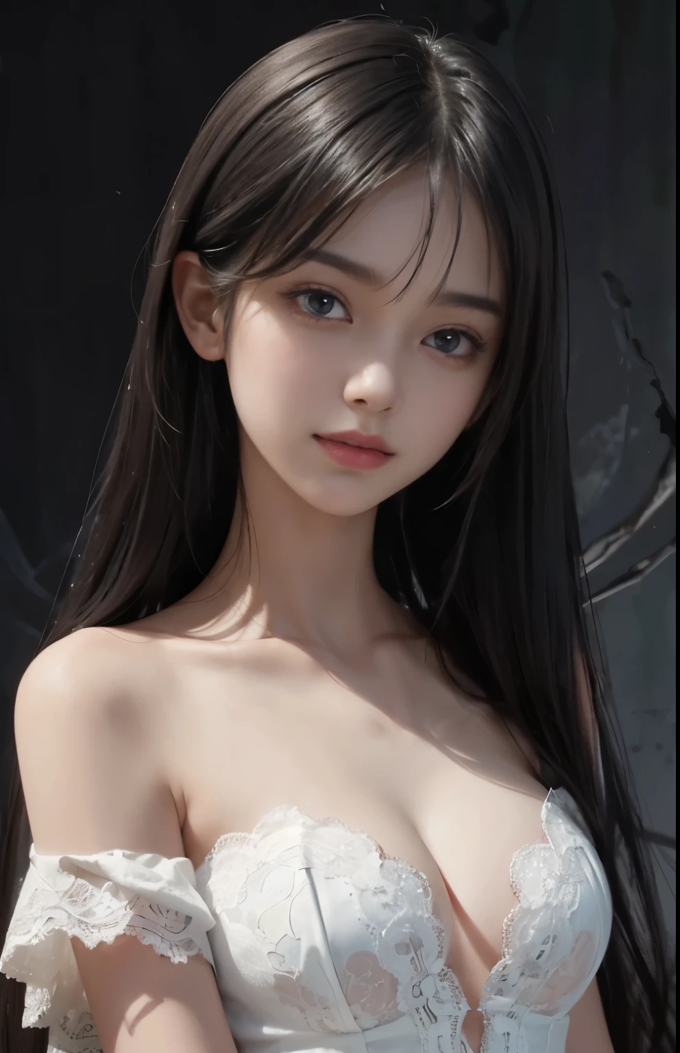 (surreal), (shape), (Improved resolution), (8k), (very detailed), (Best shape), (beautiful and detailed eyes), (highest quality), (Super detailed), (masterpiece ), ( wallpaper), (detailed face), 1 girl, , white shawl, lace chest, big breasts, looking at the viewer, small details, detailed face, in the dark, deep shadow, private key, Pure erotic face ace_v1, smile, long hair, black straight hair , 46 point diagonal bangs