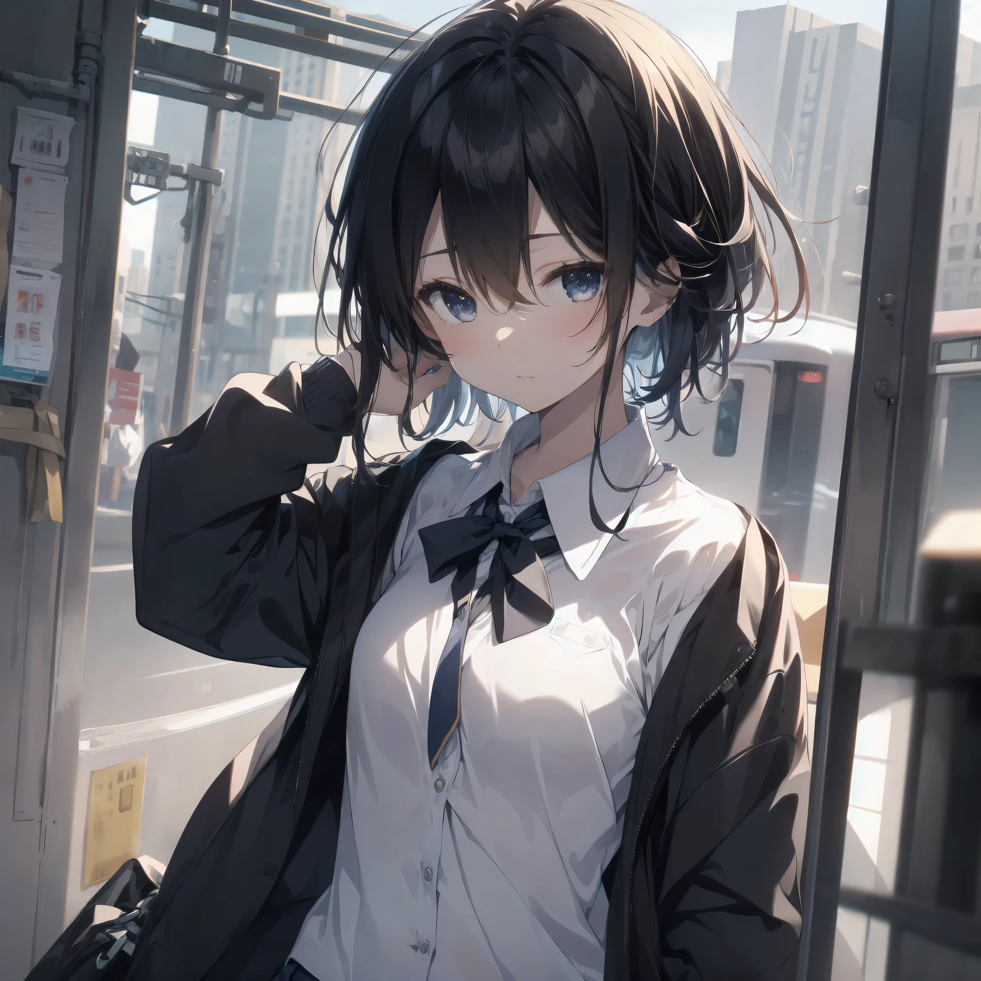 Super absurd quality by the god of art, super detailed, High resolution, anime moe art style, Best Anime 8K Kona-chan Wallpaper, pixiv contest winner, perfect anatomy, break,(眠そうにalone学校へ行く女の子を描いてください. )break,1 girl, (alone,little woman, 13 years old:1.3),All limbs, full finger,, The charm of an immature body, (very_short hair), bangs,flat chest, small ass, between legs, small eyes, small black eyes, detailed and beautiful eyes, Well-proportioned iris and pupils, expressive eyes, High resolutionの詳細な髪, neck ribbon, skirt, collared shirt, pleated skirt, school uniform, school bag,(detailed lighting), (detailed background), On the way to school. break,super dense skin, Best cinematic lighting powered by famous artist, 8k,beautiful illustrations,photoshop_(Moderate),Absurd Hi-Res,Hmm,rough skin,break,((artist:dark black,)) artist:Rinzo, artist:mitsumi misato,artist:akinashi yuu