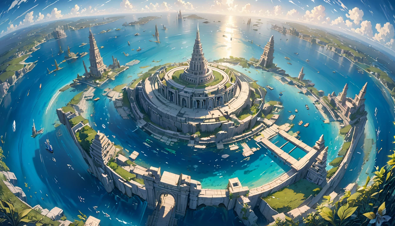 A captivating aerial drone photograph of the legendary city of Atlantis, submerged beneath the vast ocean depths. The haunting beauty of the ancient city is evident in the ruins of its architectural marvels, with majestic temples, intricate pathways, and other structures visible beneath the shimmering aquatic surface. The deep blues of the ocean create a mysterious and enchanting atmosphere, while the drone's perspective highlights the vastness of the underwater world and the sense of discovery and awe it evokes.