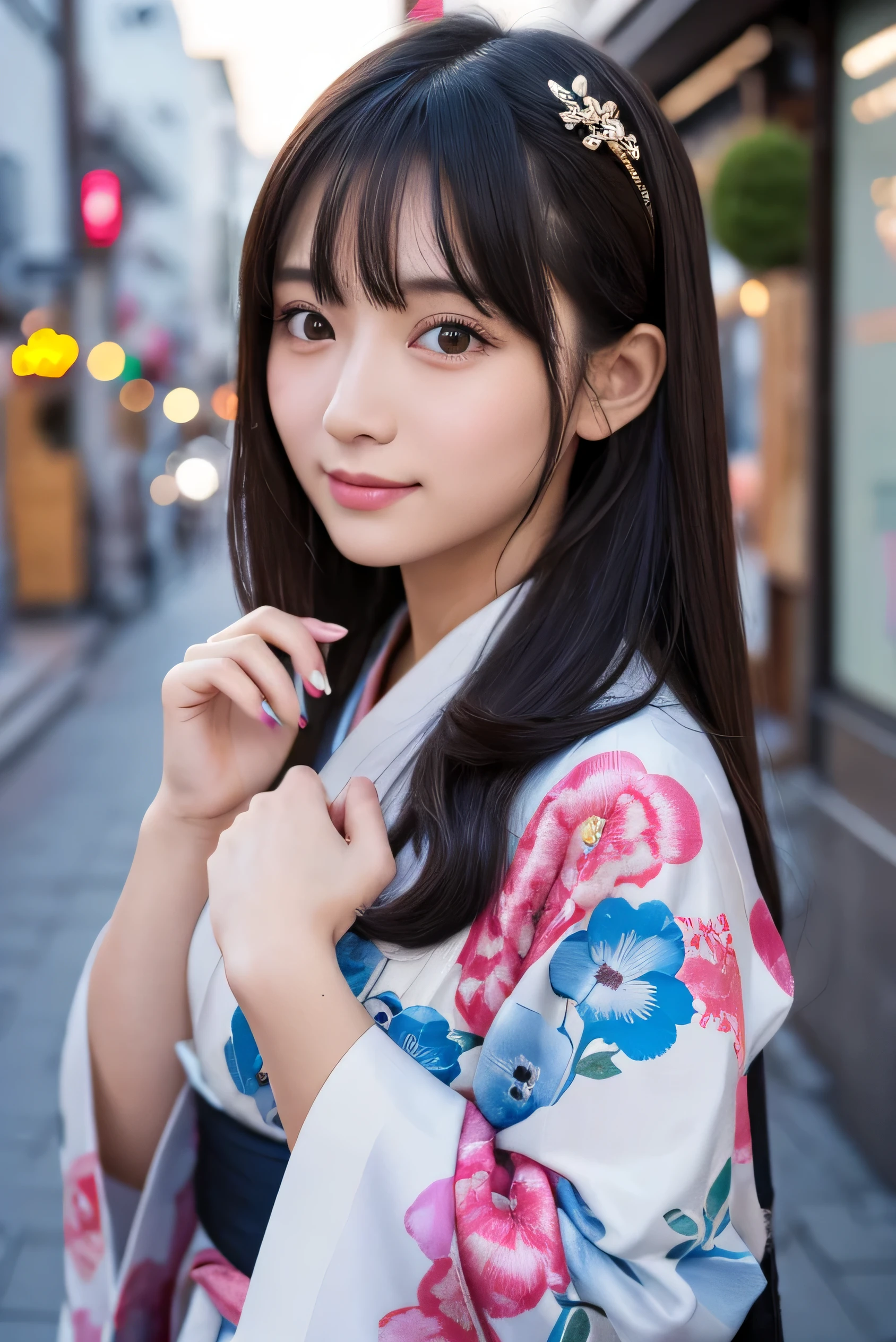 High resolution high quality beauty woman wearing yukata masterpiece、Highest品質、 long hair 25 years old black hair long hair Kyoto cityscape blush bangs oily skin beautiful skin nightの京都 wet eyes Japanese woman with black eye movie street genuine tie hair cute adult beautiful Highest night gorgeous hair ornament hairpin kimono kimono 23 year old female small face
