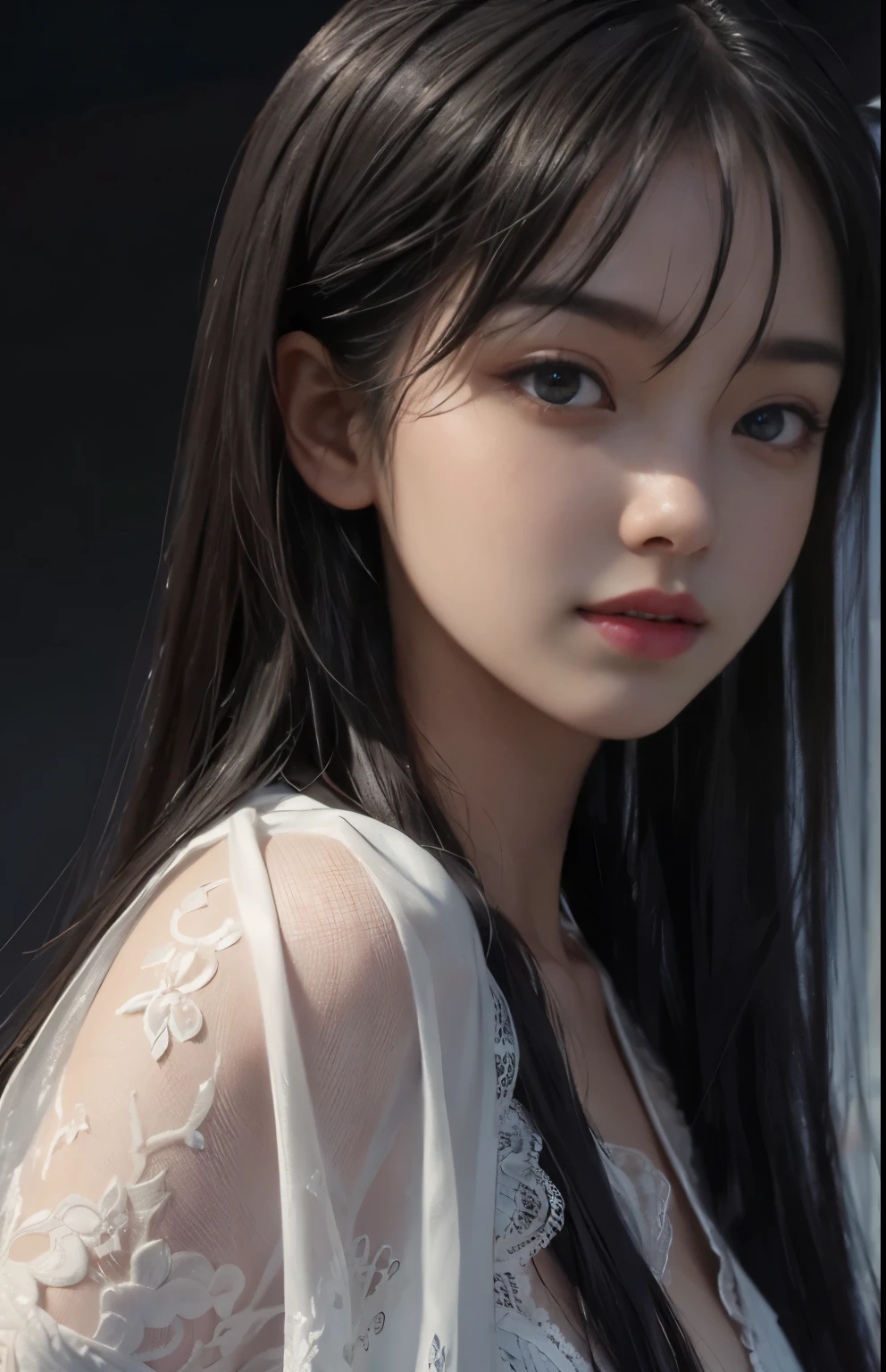 (surreal), (shape), (Improved resolution), (8k), (very detailed), (Best shape), (beautiful and detailed eyes), (highest quality), (Super detailed), (masterpiece ), ( wallpaper), (detailed face), 1 girl, , white shawl, lace chest, big breasts, looking at the viewer, small details, detailed face, in the dark, deep shadow, private key, Pure erotic face ace_v1, smile, long hair, black straight hair , 46 point diagonal bangs