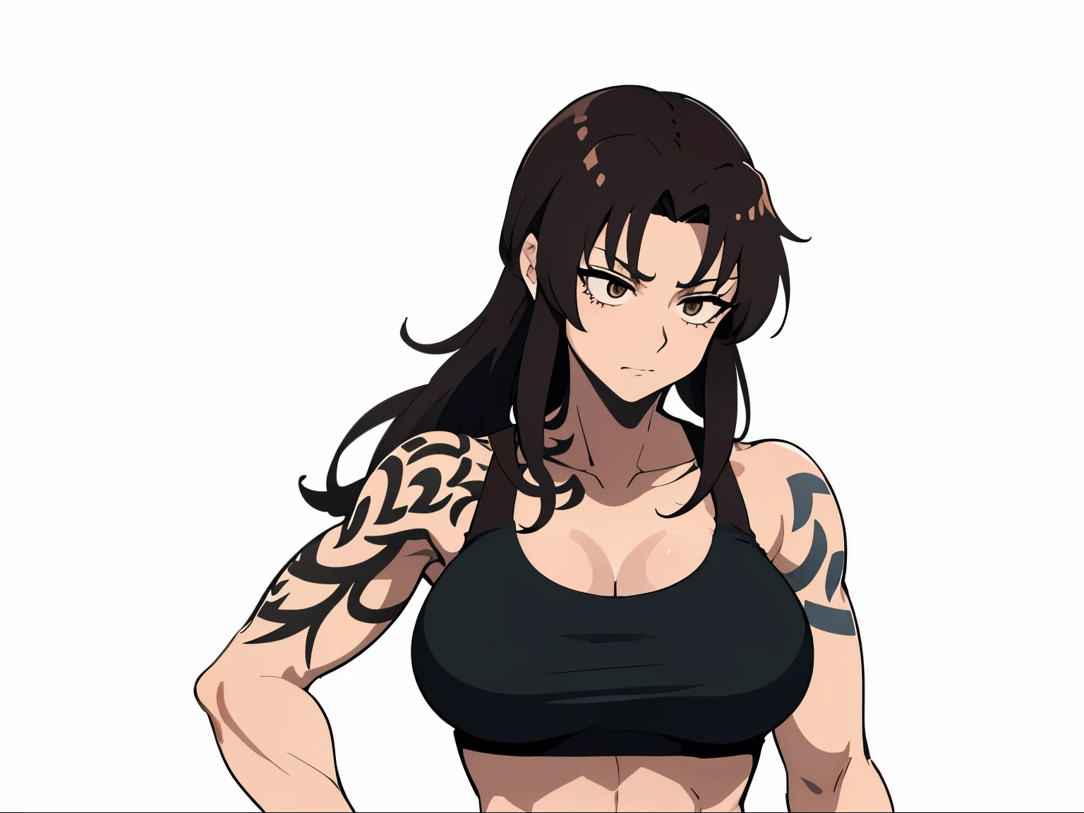 茶髪とデニムショートをかがんだanime woman, long brown hair woman, brown eyed woman, solo, anime womanがしゃがんでいる, clothing:black sports bra, big breasts, woman with very large breasts, wore denim shorts, muscular and strong, Tattoo on the right shoulder, female action anime girl, かっこいいanime womanが立っている, anime womanが走っている, strong muscles, tall woman, adult sex appeal, muscular woman, anime woman, sports bra with an black, anime style characters, female focus,