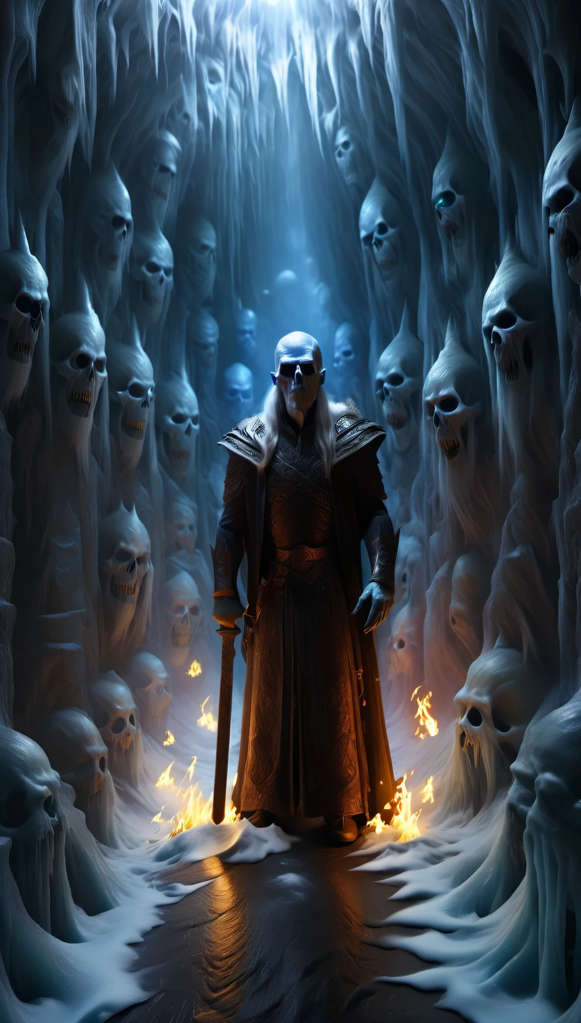 Aerial View/Aerial View, Character Design, Scenario Design, The Infernal Ghosts are tall and withered, with a pale complexion and eyes that are a deep blue like ice. Their reflective armor changes color as they move, and their weapon is a longsword made of extremely cold ice crystals that can shatter anything it touches, including the steel longswords used by the Night's Watch. Extremely good movement and special abilities make the White Walkers often at an absolute advantage in battle, so almost no one can survive an attack against a White Walker. The White Walkers come with the cold, are tall, with dry, pale skin like milk, burning blue eyes, and wield ice swords, and are able to resurrect dead men and women as undead, and are seen in the hit TV series Game of Thrones on the Wall of Extinction, a (completely made of) cliffs of ice and snow stretching for dozens of miles: 0.85), digitally rendered, looms as a solid barrier, (the Wall is located to separate the armies of the Night's Watch from the armies of the White Walkers), (so many many armies of the Night's Watch from the armies of the White Walkers), and in the background: a frigid, blizzard-ridden environment that creates a sense of foreboding and danger.
Asymmetrically, the stronghold of Winterfell is surrounded by towering blocks of ice, and the atmosphere is filled with snowy fog, adding to the mystical and transcendent feel of the scene. The digitally created landscape is highly realistic and detailed, resembling a computer-generated artistic masterpiece. The colors are cold, with blue and white being the main hues, highlighting the shocking beauty of the ice fortress. The lighting is carefully arranged, with soft diffused light illuminating, the essence of the fantasy world. 