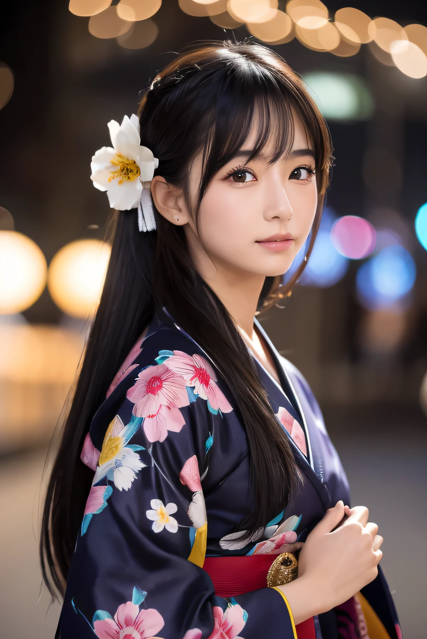 High resolution high quality beauty woman wearing yukata masterpiece、Highest品質、 long hair 25 years old black hair long hair Kyoto cityscape blush bangs oily skin beautiful skin nightの京都 wet eyes Japanese woman with black eye movie street genuine tie hair cute adult beautiful Highest night gorgeous hair ornament hairpin kimono kimono 23 year old female small face