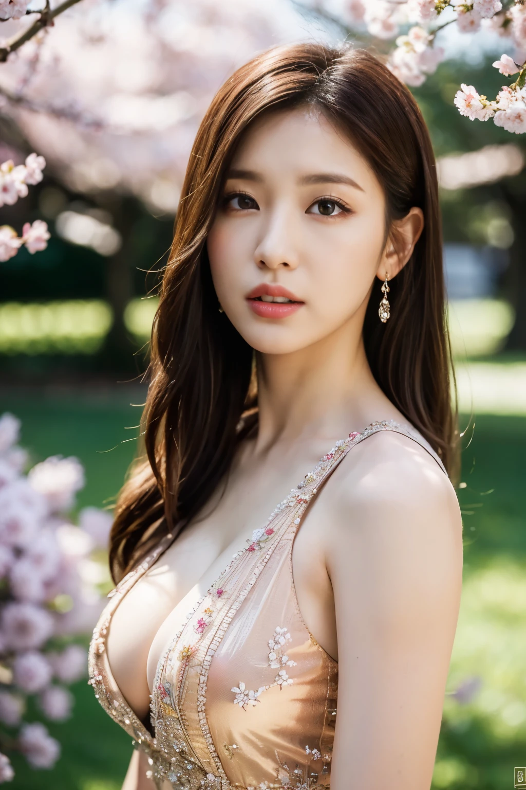 {{{masterpiece}, }}, {Highly detailed CG Unity 8k wallpaper}, wonderful, finely, alone, {{floating hair}, }, {{cherry blossoms}, }, outdoors, null, {{Wind}, }, detailed background, detailed and beautiful eyes, See-through:evening dress:0.3, cleavage, bright eyes, {{whole body}, }, dynamic pose, dynamic angle, cleavage, looking at the viewer, fine clothes, cinematic lighting, close, highest quality