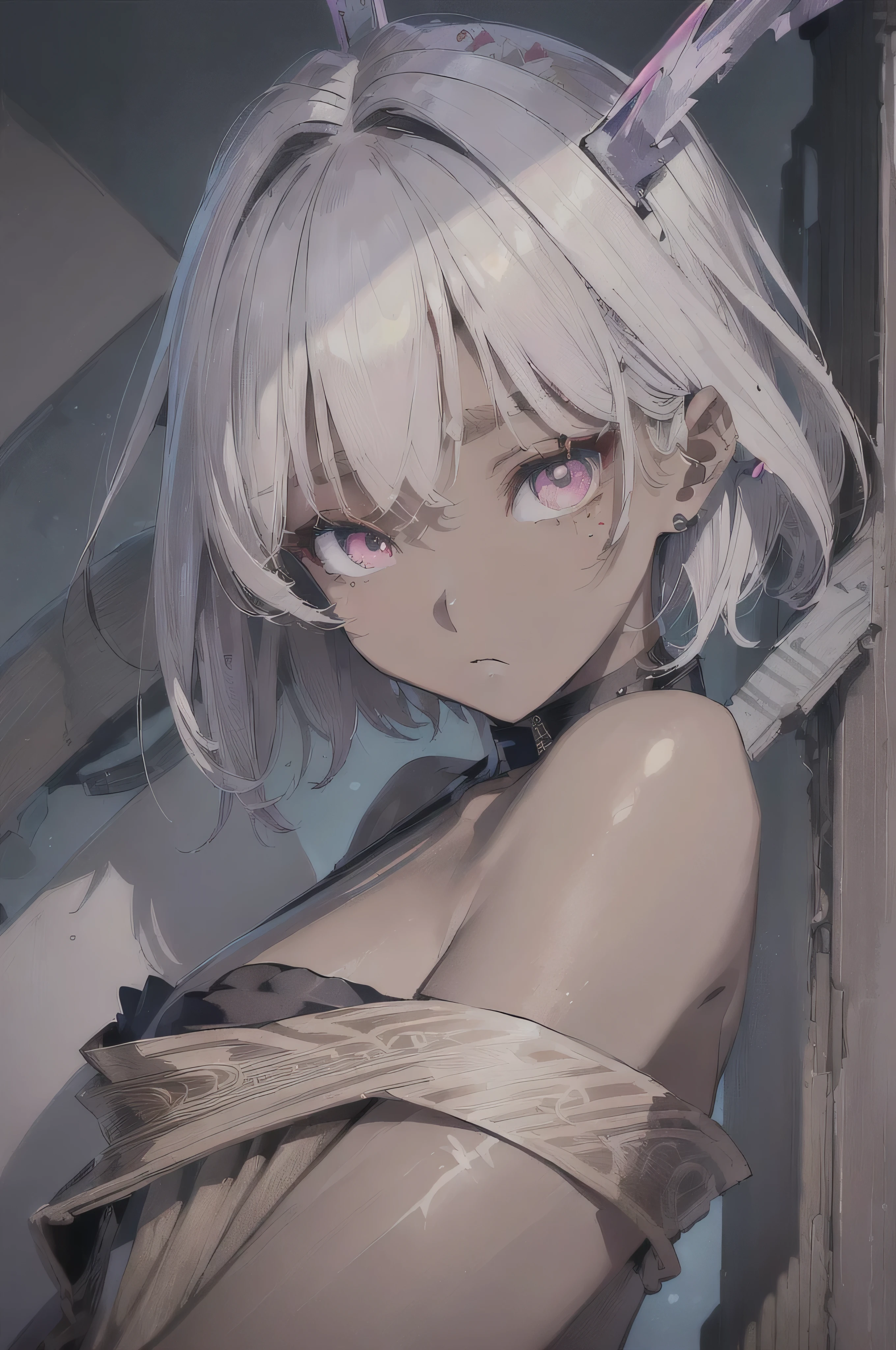 (masterpiece,best quality,ultra-detailed),1girl, white hair,short hair,messy hair,beautiful and detailed face, detailed eyes,looking at viewer, multicolored eyes,((grey theme),pale skin, glowing eyes,((night)), white skin,nsfw, pussy, nipples