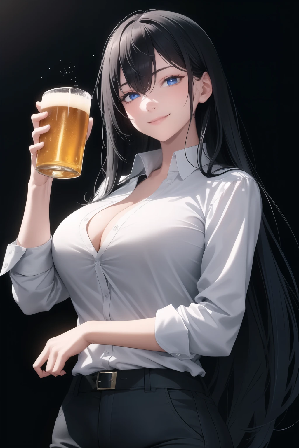 light particles, soft lighting, volumetric lighting, intricate details, finely detailed,

1girl, solo,

Black hair, long hair, flowing hair,

Blue eyes, long eyelashes, thick eyelashes, looking at viewer, Holding a beer cup, Drunk, smiling,

Untucked Unbuttoned White Shirt and rolled up sleeves, Black Pants, black bra,

black background, simple background,

