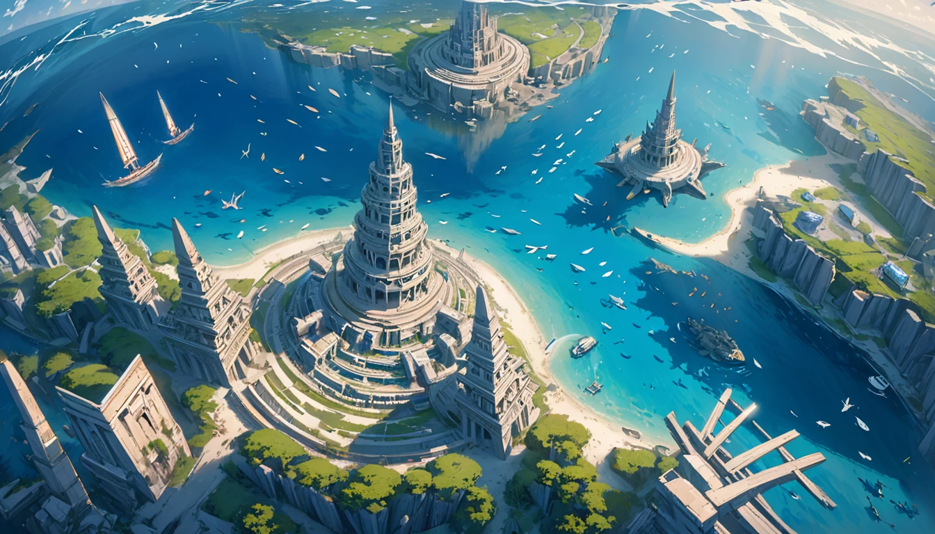 A mesmerizing aerial drone photograph of a pristine underwater landscape. The crystal-clear waters are filled with vibrant coral reefs and diverse marine life. The drone's lens captures the intricate dance of colors beneath the surface, with sunlight casting ethereal patterns on the flora and fauna. The underwater topography is revealed, highlighting breathtaking drop-offs and hidden caves. The overall atmosphere of the image is tranquil yet dynamic, immersing viewers in the enchanting world beneath the waves.