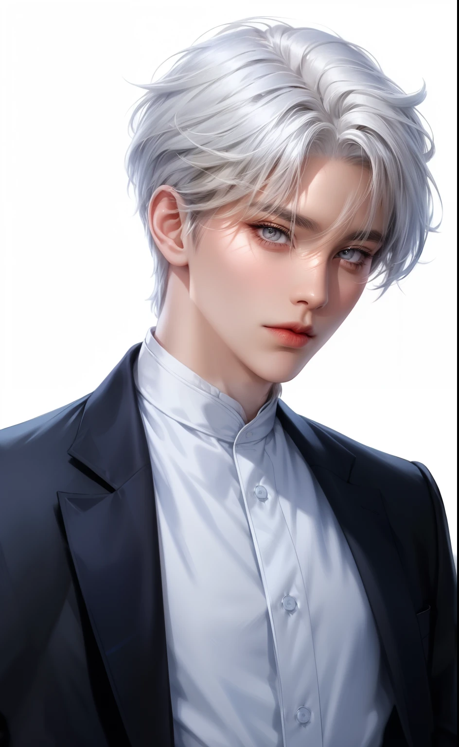 Boy, white hair, blue eyes, serious sharp features, white skin, shirt, jacket