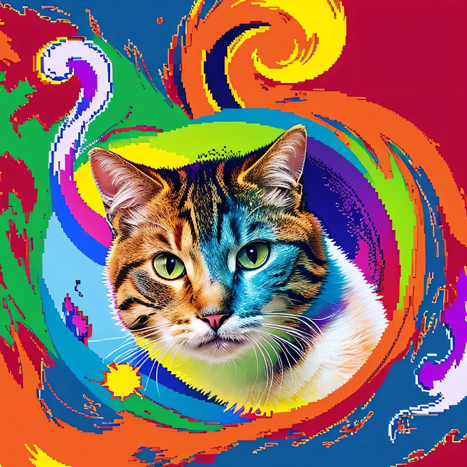 Pixel art,Cat,anger,The background is wonderful,Colorful fur,bold color pattern,One animal,miracle,Future map